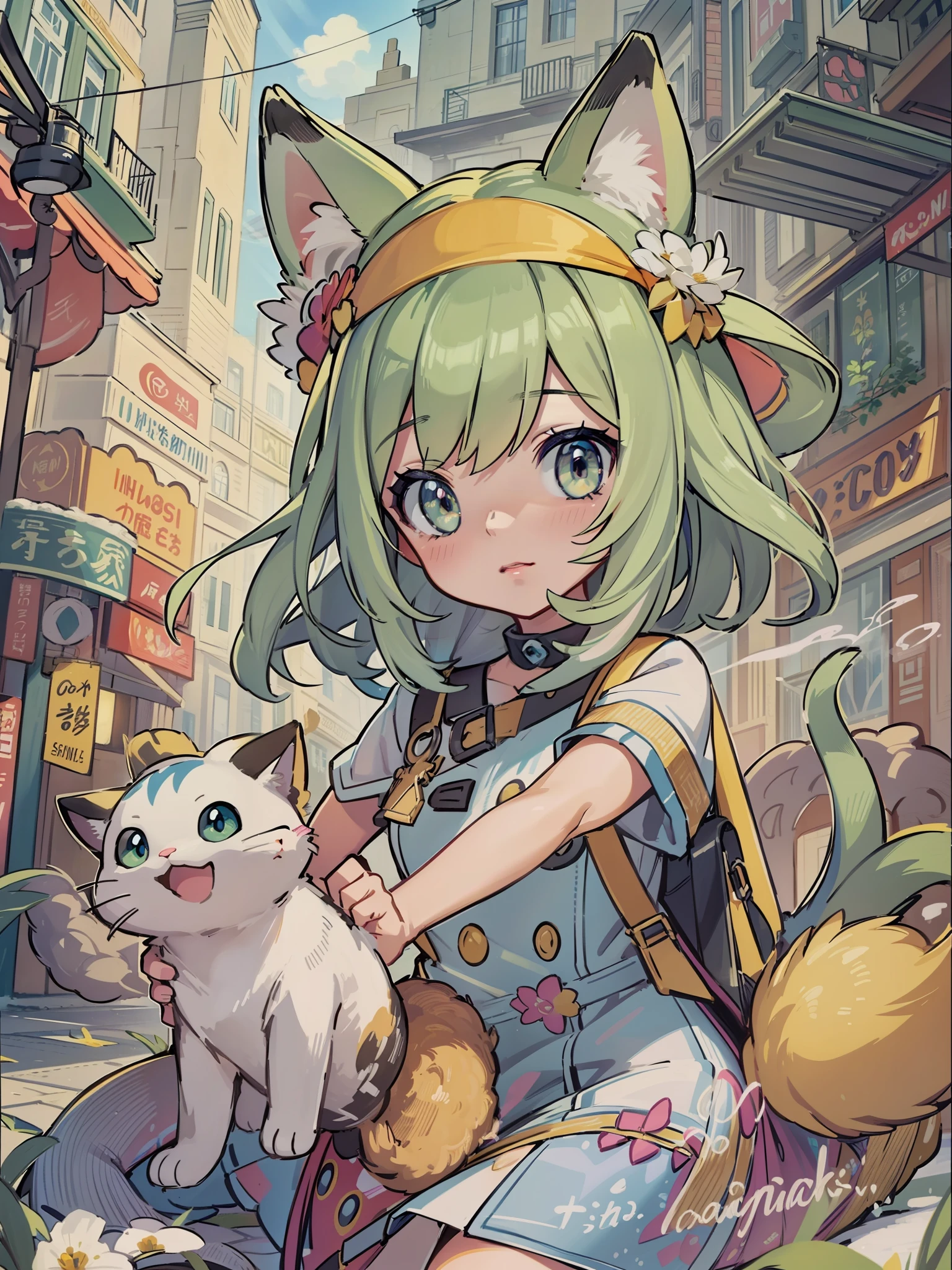 1girl in,A Pokémon_The card,(top-quality), (High_quality), (twists_Details), (ultra - detailed), (illustratio), (distinct_image),Saito_naoki,city scenery、Rainbow landscape、with cat（（Cute cat１.５））