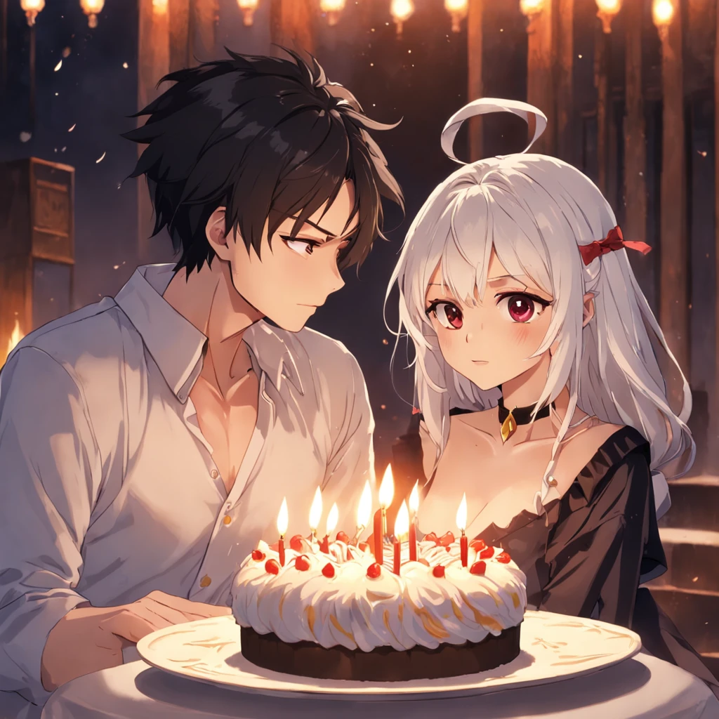 tmasterpiece，best qualtiy，birthday，waxy candles，Cupcakes，younge boy，white color hair，closeup cleavage，brightly，cheerfulness，Warm and soft lighting，Love，couple，I love you（spark of light：0.7）