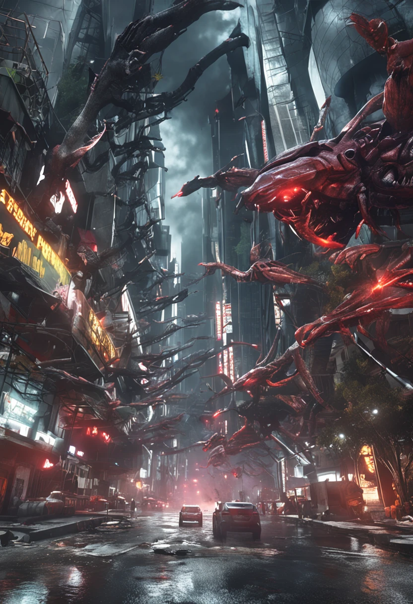 Cinematic image effects,Invading aliens,Invasive crayfish,Huge pliers,uncanny,blood vess,,Murderous,Full body like,combats,The city was destroyed,blasts,fire glow,废墟,of a real,Facial features are carefully depicted,Realistic skin texture,Dark style,depth of fields,high light,Real light,Ray traching,oc rendered,Hyper-realistic,best qualtiy,8K,Works of masters,super-fine,Detailed pubic hair,Correct anatomy,sharp focus on eyes,Bokeh,Facial features are carefully depicted