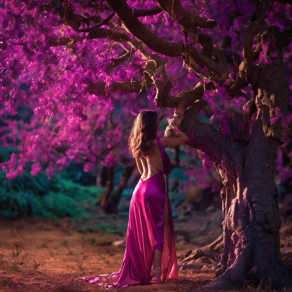 Salma Hayek, smiles slyly, in a wonderful forest, Large plums grow on the tree, Purple bikini, fantasy, fantasy style, good tits, Hot Pose, Hot photo, leans forward, Hands Behind Your Back, magic world, Very realistic, candid photo, Disney style
