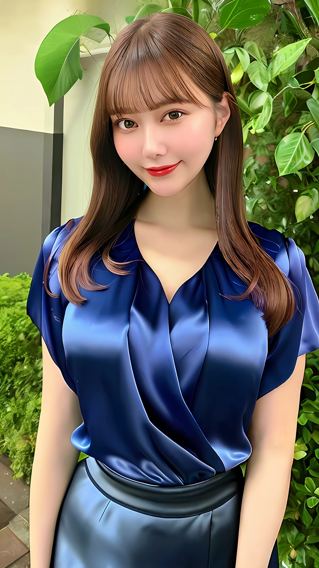Best quality, best image quality, highest resolution, super detail, satin blouse, satin blouse material is shiny, soft and smooth to the touch, satin blouse sticks to the skin, satin blouse that fits the body, chest is C cup, full body shooting so that the face can also enter, one beautiful woman, shot outdoors, soaked, sweaty,