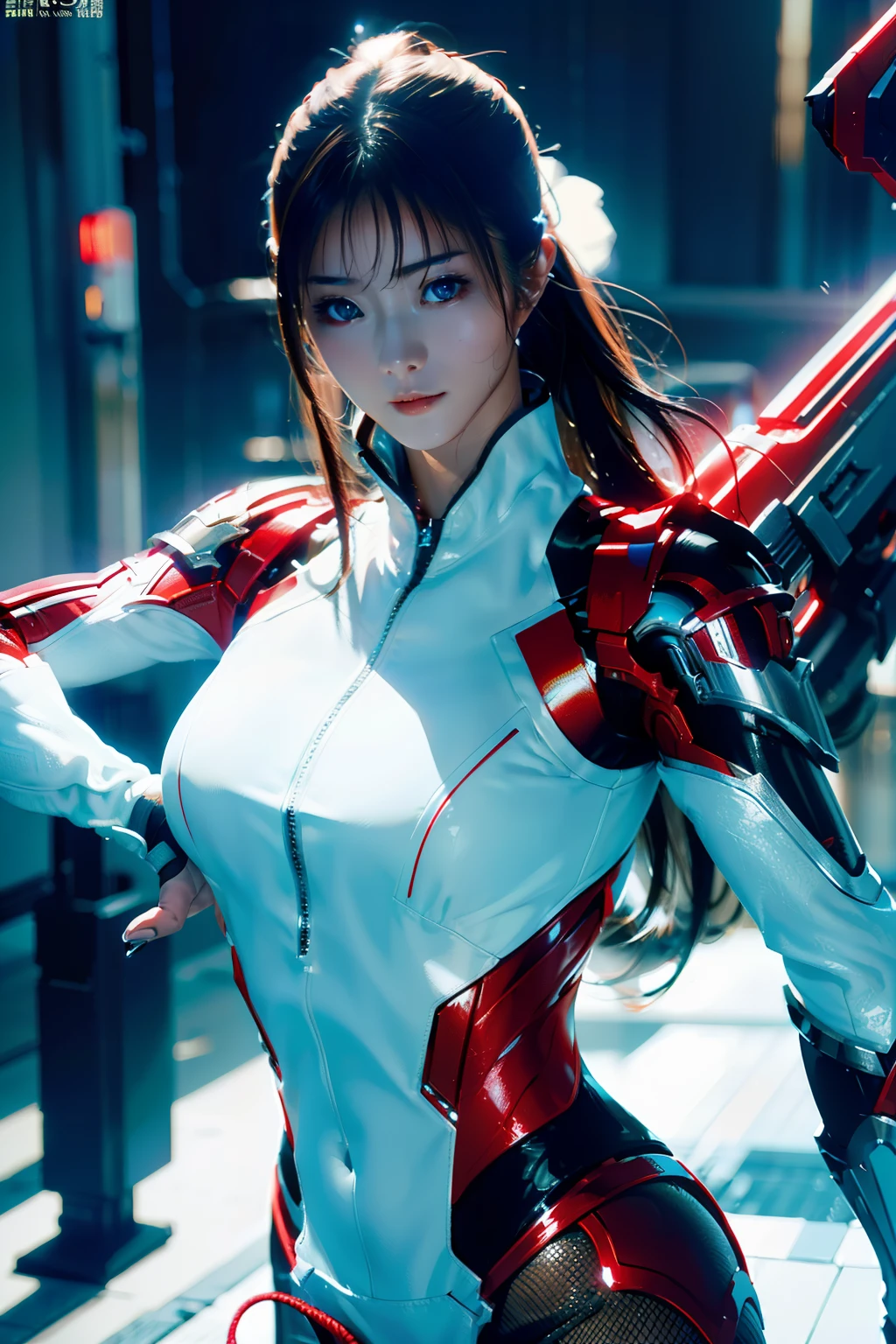 ​masterpiece、top-quality、hight resolution、cyberpunked、Real with creativity、White and red metal body、Slender woman、Beast Woman、Ultraman、snow-white body、(Stance:1.1)、Biomechanics、 Megacities of the future、Dramatic Lighting、Beam rifle in hand、