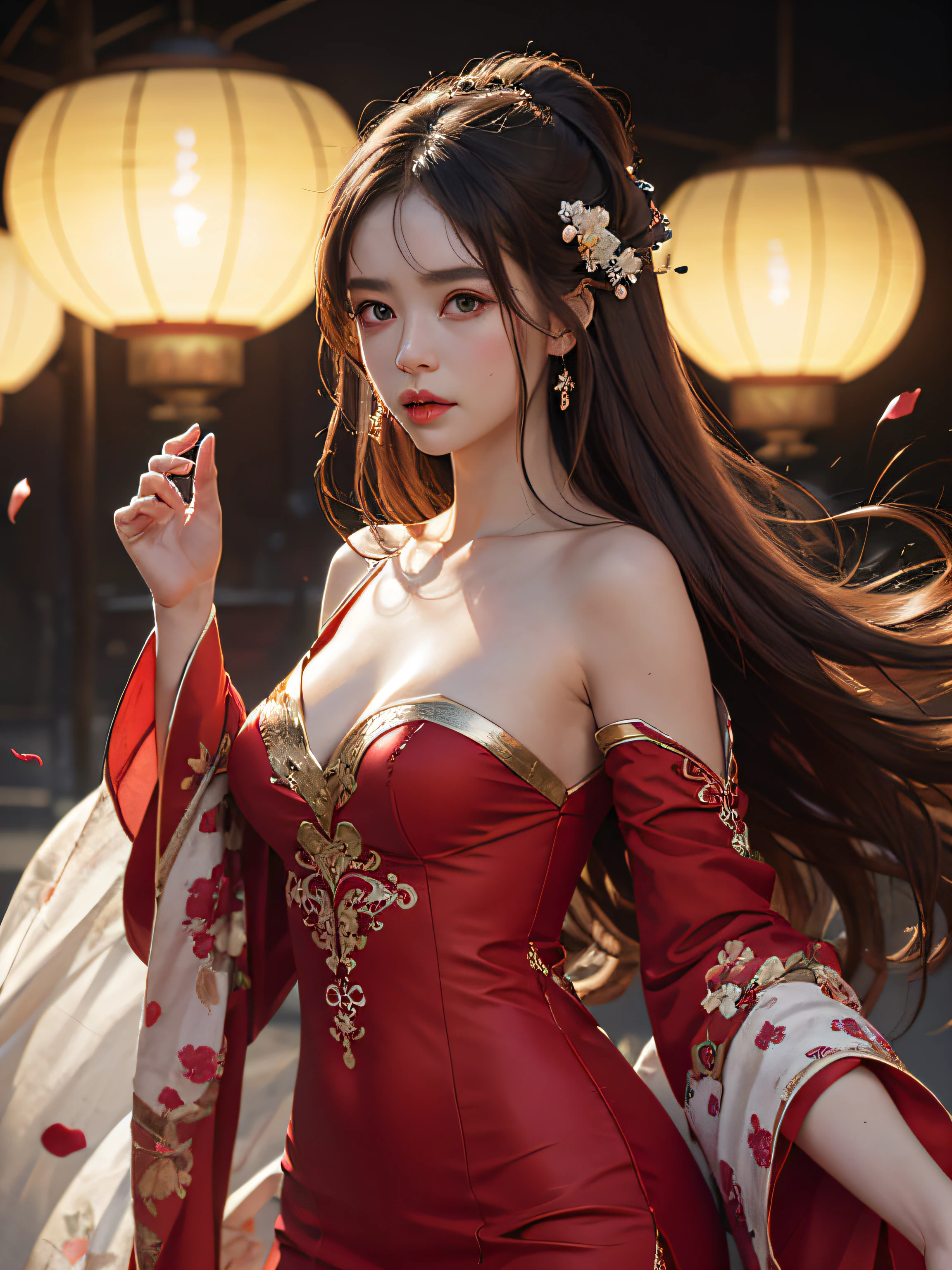 Superb Quality, Masterpiece, High Resolution, (Exquisite Body: 1.5), Stunning Beauty, (Milky Skin: 1.3), Delicate Details, High Resolution, Wallpaper, 1 Woman, Solo, Dress, Hair Accessories, (((Red Dress)) ), Flower, Long Hair, Brown Hair, Shut Up, Accessories, Long Sleeves, Raised Hand, Wide Sleeves, Big Eyes, Flowing Hair, Hanfu, Hanfu, Embroidery, Long Skirt, Natural Pose, Falling Petals, Calf Injury, Sadness, Fanning, Lantern, 16K, HDR, High Resolution, Depth of Field, (Film Grae: 1.1), Bocon, Primetime, (Lens Glow), Vignette, Rainbow, (Color Grading: 1.5)
