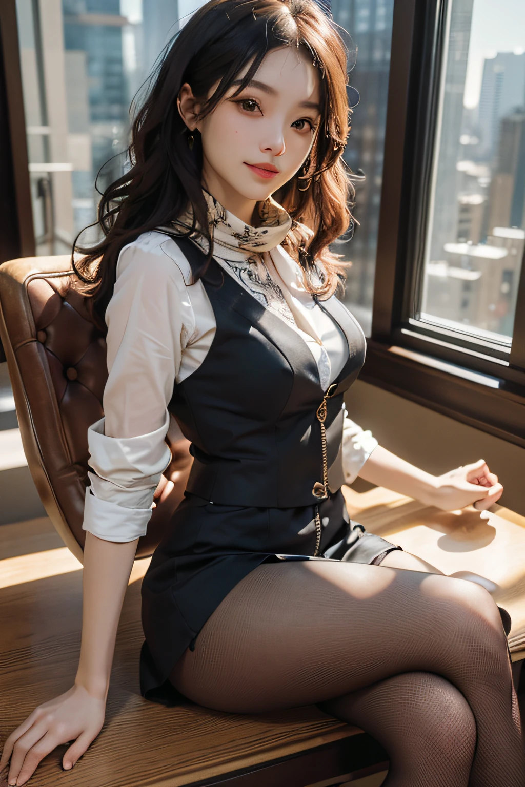 (raw、top-quality、​masterpiece:1.5)、(Photo Real、intricate-detail:1.2)、超A high resolution、absurderes、
1womanl、beautiful countenance、A MILF、symmetrical eye、Facial light、shorth hair、nffsw、vests、suits、Pencil miniskirt、white  shirt、Silk Scarf、Black pantyhose、[:20d、:0.8]、
a smile、Small dimples、Sexually suggestive、
huge tit、Slim waist、Slim Leg、Long leg、
Sitting in a chair in front of a desk、perfect bodies、good proportion、
looking at viewert、
(a luxury hotel room、hyper detailed background:1.2)、
shinny skin、Authentic skin texture、
natural soft light、The best lighting、细致背景、detailed shadow、foco nítido、Depth of field f / 2、
saturated、highly contrast、Strong light and shadow