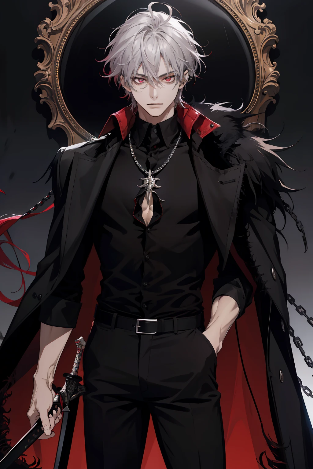 absurdres, highres, ultra detailed, HDR), masterpiece, best quality, 1boy, solo, 24 years old, handsome, PINK curly messy hair, red eyes and detailed face, ((open collar black shirt, black pants, black coat)), (dark tonned skin), standing, holding a sword, knees up, muscular, cold face, direct angle, wear silver necklace, royal knight