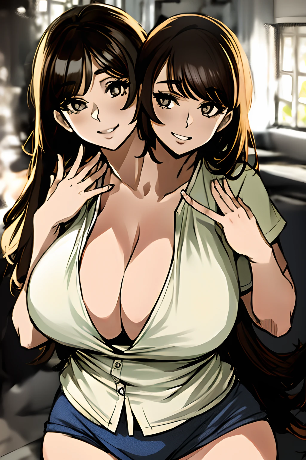 2heads, a fat woman with two heads. She has enormous breasts. She is in a well-lit bedroom with a window. She is laughing. She is flirty. She is wearing an unbuttoned blouse and sport shorts. She is touching her breasts. She has enormous boobs. She is chubby. Massive breasts. She looks mature. She is extremely short. She is extremely fat. She has massive fat breasts. She has long straight brown hair. She looks very young. She has full lips.