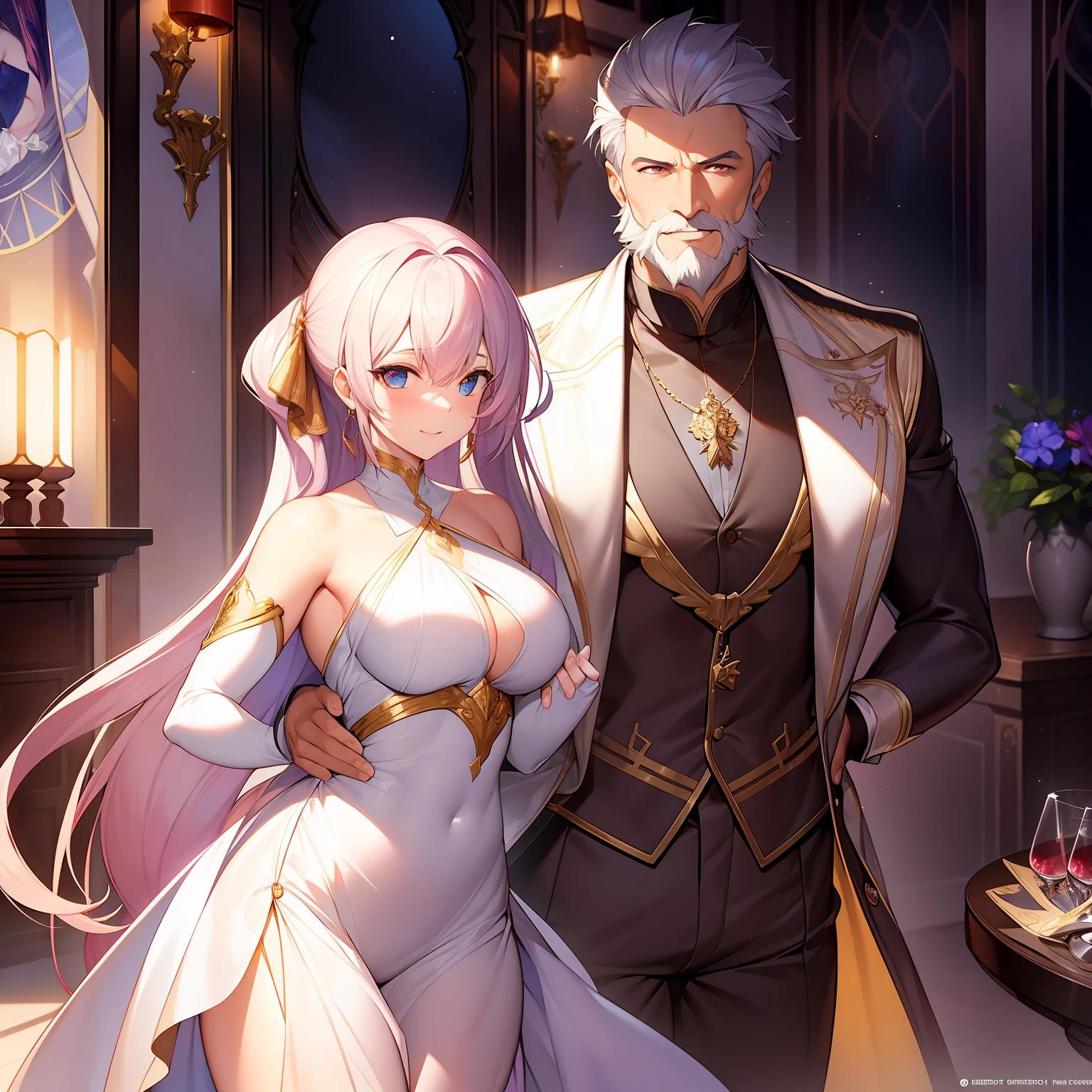 Her hair is pink、He is dandy and has gray hair, Gentleman with an astringent beard 55 years old、Dark pink twin-tailed girlfriend、Her hair color is dark pink、Innocently friendly to each other,Her hair has a large twin tail, He is muscular and strong.、Seeking each other、embracing each other,Highest Quality, Toast wine at the stylish bar, ((Laughing)), Lens Flare, Shade, bloom, ((light glow)), chromatic abberation], Jeremy Lipking, Antonio J. Manzanedo, in door (Alphonse Mucha), Digital Painting, Insane details, Intricate details, Beautifully color graded, Unreal Engine, Cinematic , colour grading, Editorial Photography , Photography, Photo Shot, Shot on 70mm lens, depth of fields, degrees of freedom, Tilt Blur, Shutter Speed 1/1000, F/22