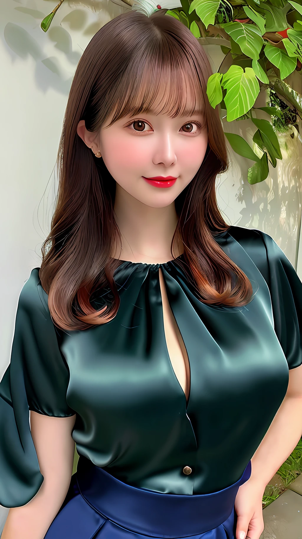 Best quality, best image quality, highest resolution, super detail, satin blouse, satin blouse material is shiny, soft and smooth to the touch, satin blouse sticks to the skin, satin blouse that fits the body, chest is C cup, full body shooting so that the face can also enter, one beautiful woman, shot outdoors, soaked, sweaty,