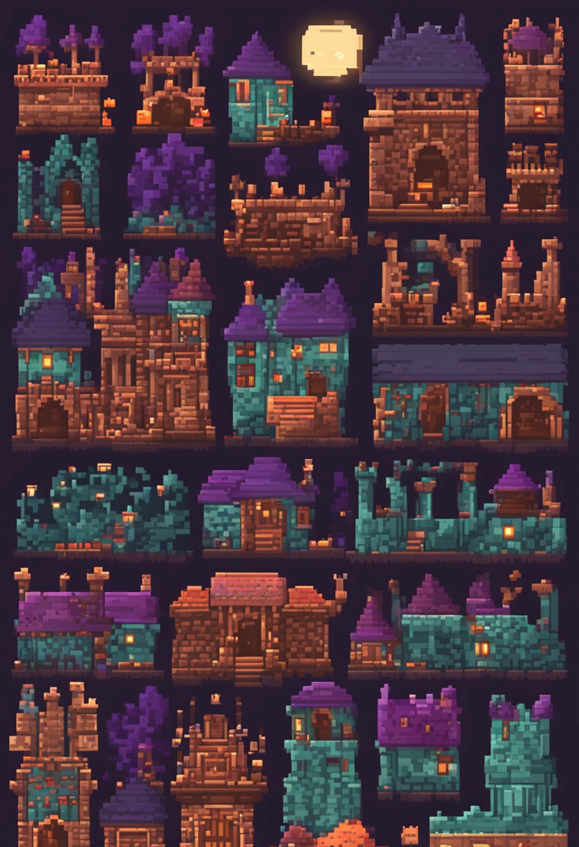 Make a backdrop and sprite of a haunted castle floor and background in Pixelart Sprite shapes, "sem personagens, cartoonizado, Pixelart Scenery Floor and Haunted Castle Background, de noite
