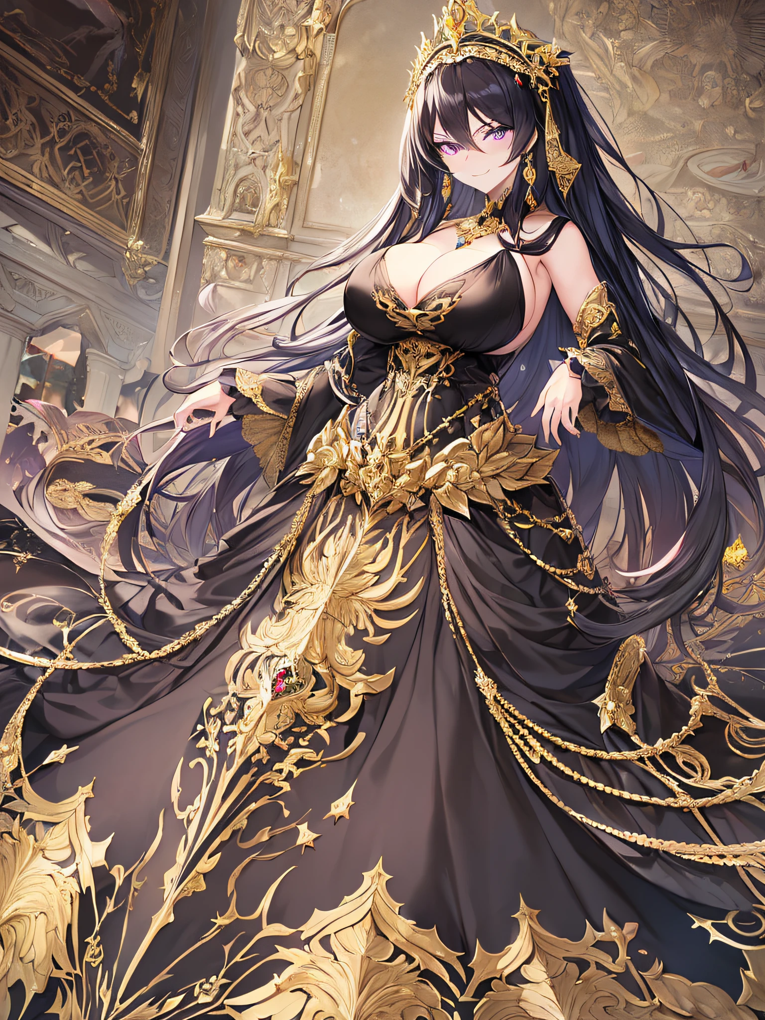 ((anime artstyle)),(Masterpiece),(Best Quality),(Super Detail),(Very Delicate and Beautiful),Solo,((full body)),from above,standing in the royal palace,((1 arrogant queen in BlingBling black and gold gorgeous rococo ballgown with gorgeous and voluminous full length hoop skirt)),(crinoline),gorgeousfull embroidery,Long train,((arrogant,haughty)),(((arrogant smile))),Sharp eyes,((gorgeous gemstone jewelry)),detailed face and eyes,jewel-like eyes,Purple eyes,(Bangs between eyes),((large amount of straight hair,extremely Long voluminous black Hair)),((gigantic tits,Long tits)),gorgeousfull embroidery,cleavage,extremely gorgeousfull hair ornament,(bling-bling extremely gorgeousfull jeweled tiara),gorgeous corsage,(Dynamic Angle),Looking at viewer,((full body)),((BlingBling black and gold gorgeous rococo ballgown with gorgeous and voluminous full length hoop skirt))