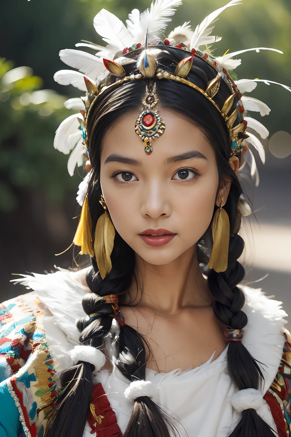 at winter season,Fleece,(Red Merlin,snow cover,snowflower,Oyuki),(messy hair,Rough skin),Cold girl,Keep one's mouth shut,bshoulders,gold mask,Indian religious ceremonies,Brown skin wears a feather headdress, wearing crown of bright feathers, girl with feathers, Beautiful young woman shaman,Painted surface, (she is dressed in shaman clothes, coarse cloth,High-necked undershirt,feathered headdress),(Skull decoration),ornate headdress, head gear, Painted surface.dark tanned skin,(Wear coarse cloth clothes -