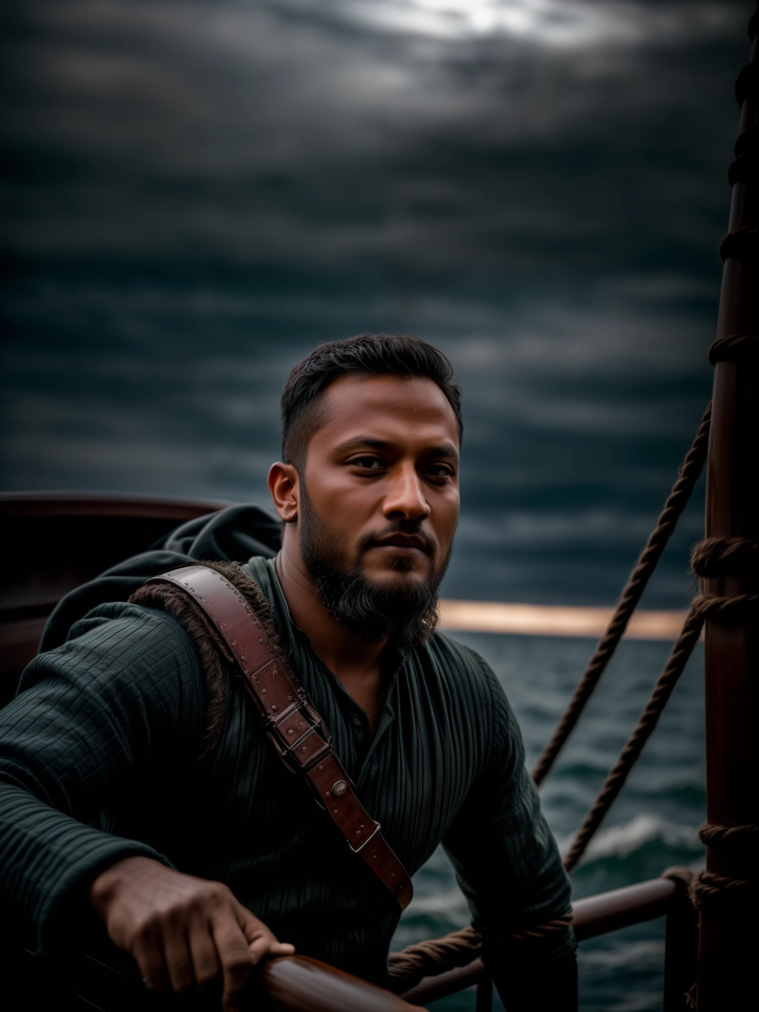 Realistic 8k image of Shakib al hasan as Ragnar Lothbrok (with black hair) onboard a viking longship, ((low angle hero shot)), (Upper body closeup), show Shakib as Ragnar navigating treacherous waters, Shakib al hasan as Ragnar is navigating his crew, show Shakib al hasan commanding the ship crew, this scene will be dark and scary, highlighting Shakib al hasan sailing on treacherous waters, dark tones with moonlit seas, dark and intimidating atmosphere like Viking series colour tone, ((sharp focus on portrait)), (balanced composition), high quality and realistic image, cinematic style, ((Best quality, 8k, Masterpiece), rough face, detailed skin, masterpiece, professional photography, (high detail:1 1), natural skin, (detailed face and eyes), (face: 1 2), noise, real photo, film photography, high resolution, 8k, realistic, 8k UHD, SLR camera, high quality, film grain, (Fujifilm X-T20, Fujifilm Fujinon XF 50mm f/2 R WR lens, Lens focal Length 50mm, Shutter speed 1/300 sec, APERTURE: 2, ISO: 80), volumetric lighting, dark background, dark fantasy, highly detailed, sharp focus, shallow depth of field, bokeh, blurry background, high contrast, contrast lighting, (dim colours), exposure blend, (dusty:1.3)