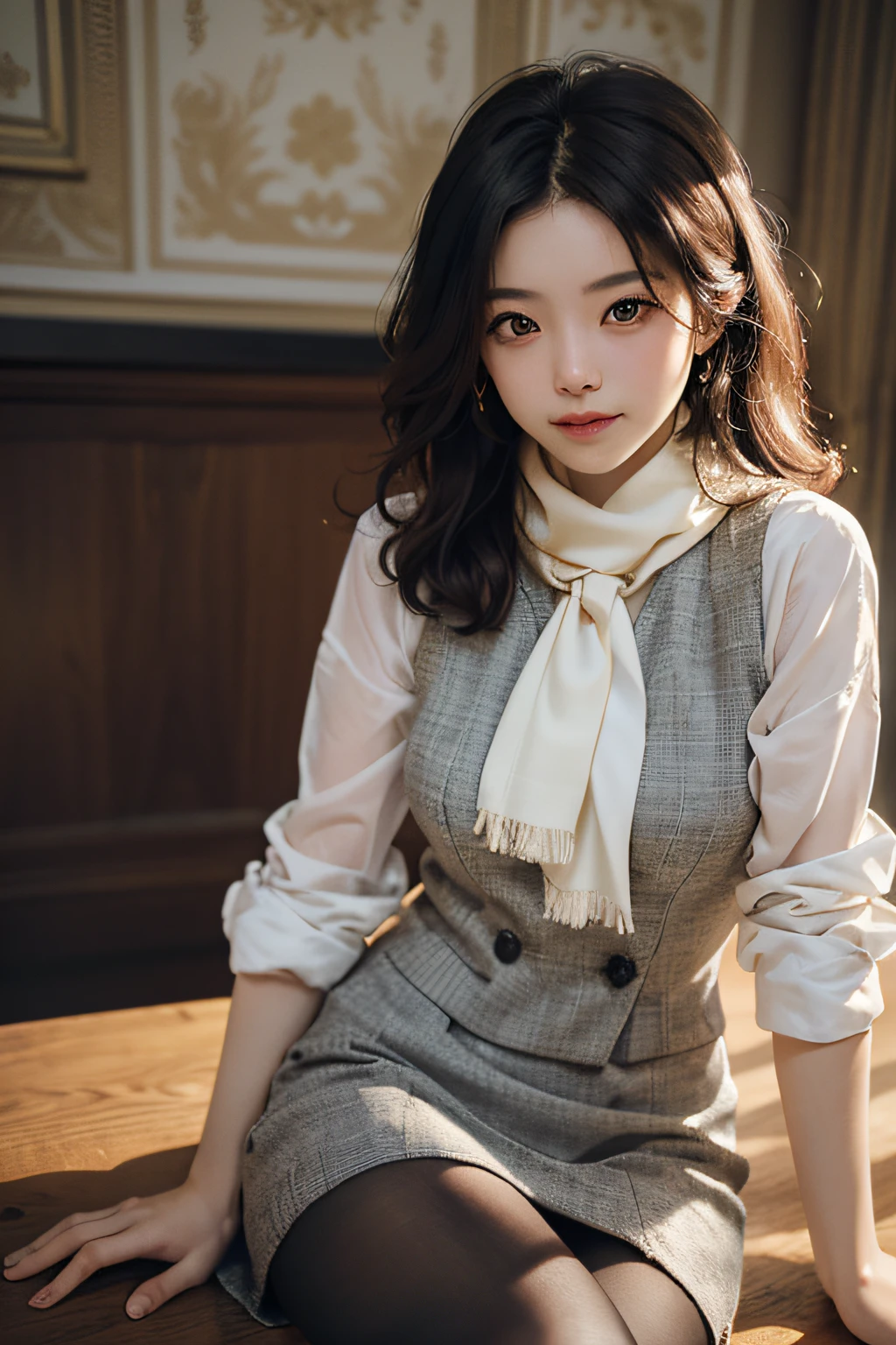 (raw、top-quality、​masterpiece:1.5)、(Photo Real、intricate-detail:1.2)、超A high resolution、absurderes、
1womanl、beautiful countenance、A MILF、symmetrical eye、Facial light、shorth hair、nffsw、vests、Suits、Pencil miniskirt、white  shirt、Silk Scarf、Black pantyhose、[:20d、:0.8]、
A smile、Small dimples、Sexually suggestive、
huge breasts、Sitting in a chair in front of a desk、perfect bodies、good proportion、
looking at viewert、
(a luxury hotel room、hyper detailed background:1.2)、
shinny skin、Authentic skin texture、
natural soft light、The best lighting、细致背景、detailed shadow、foco nítido、Depth of field f / 2、
saturated、highly contrast、Strong light and shadow