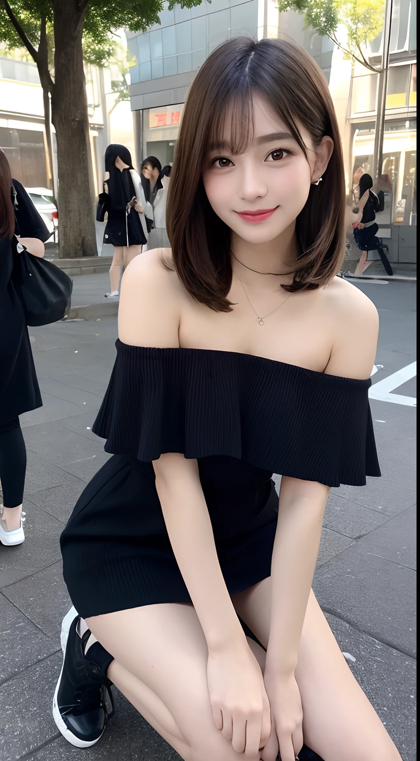 ((Best Quality, 8K, Masterpiece:1.3)), Focus: 1.2, Perfect Body Beauty: 1.4, Buttocks: 1.2, ((Layered Haircut, Breasts: 1.2)), (Wet Clothes: 1.1), (Rain, Street:1.3), Bandeau Dress: 1.1, Highly Detailed Face and Skin Texture, Fine Eyes, Double Eyelids, Whitening Skin, Long Hair, (Shut Up: 1.3), Smile