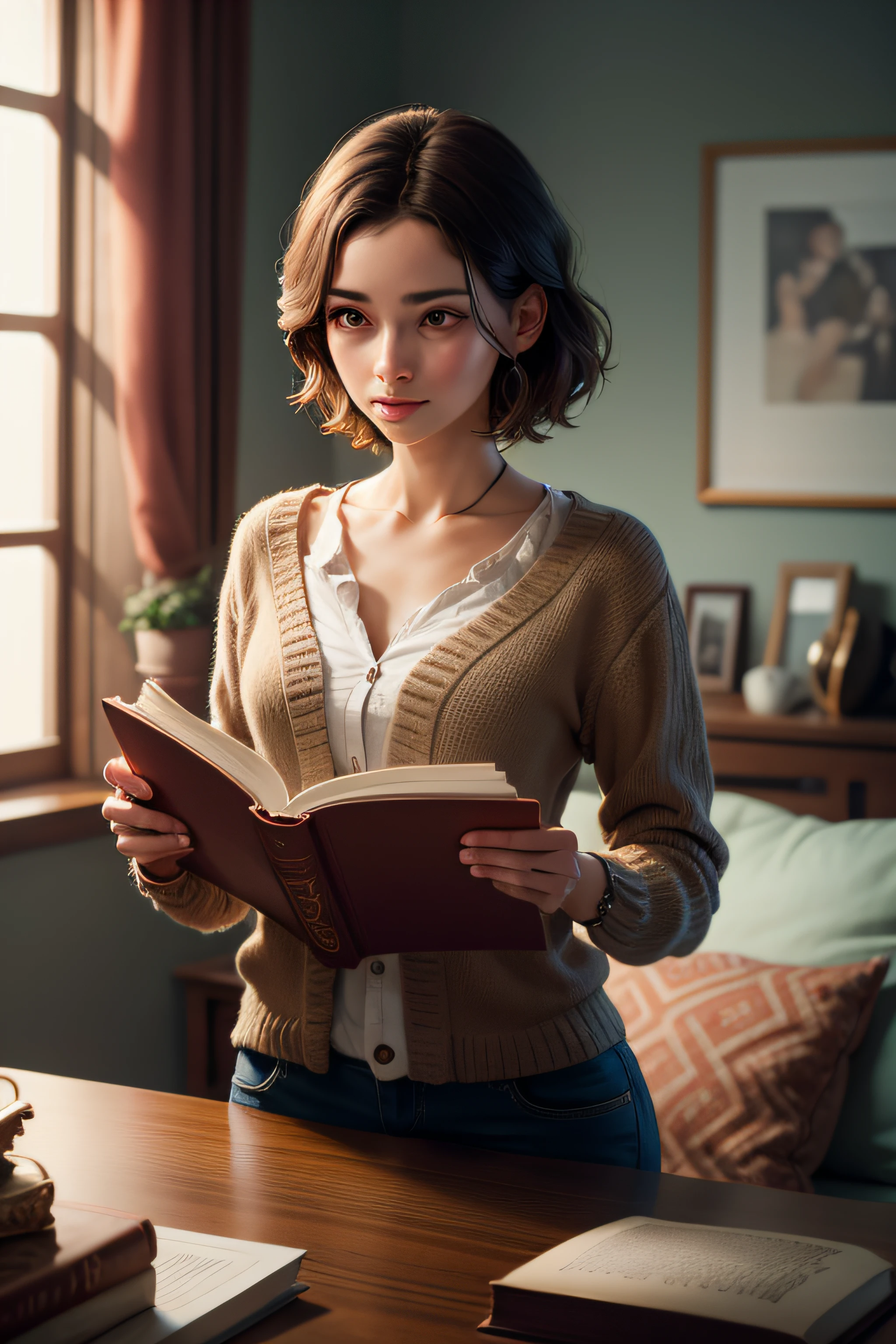 two hands opening a large book and from inside comes a light with beautiful treasures