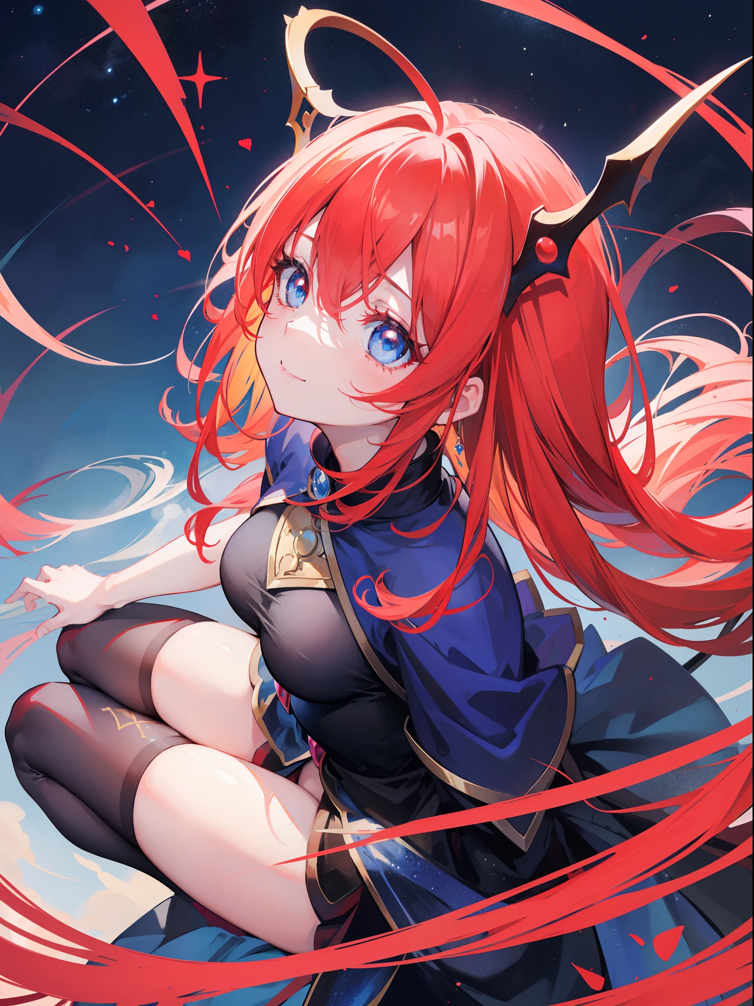 Dark Magician Girl、MKSKS style、1 person、(highly detailed back ground:1.0)、(highly detailed back ground:1.0)、masterpiece、top-quality、超A high resolution、in 8K、The upper part of the body、Do-up、(Looking up:1.4)、BREAK、(1/Red 2 and Red 1/2 Yellow hair)、Detailed skin、glowy skin、bare-legged、A detailed eye、Blue eyes、Burning cheeks、Wearing makeup、A smile、Large breasts