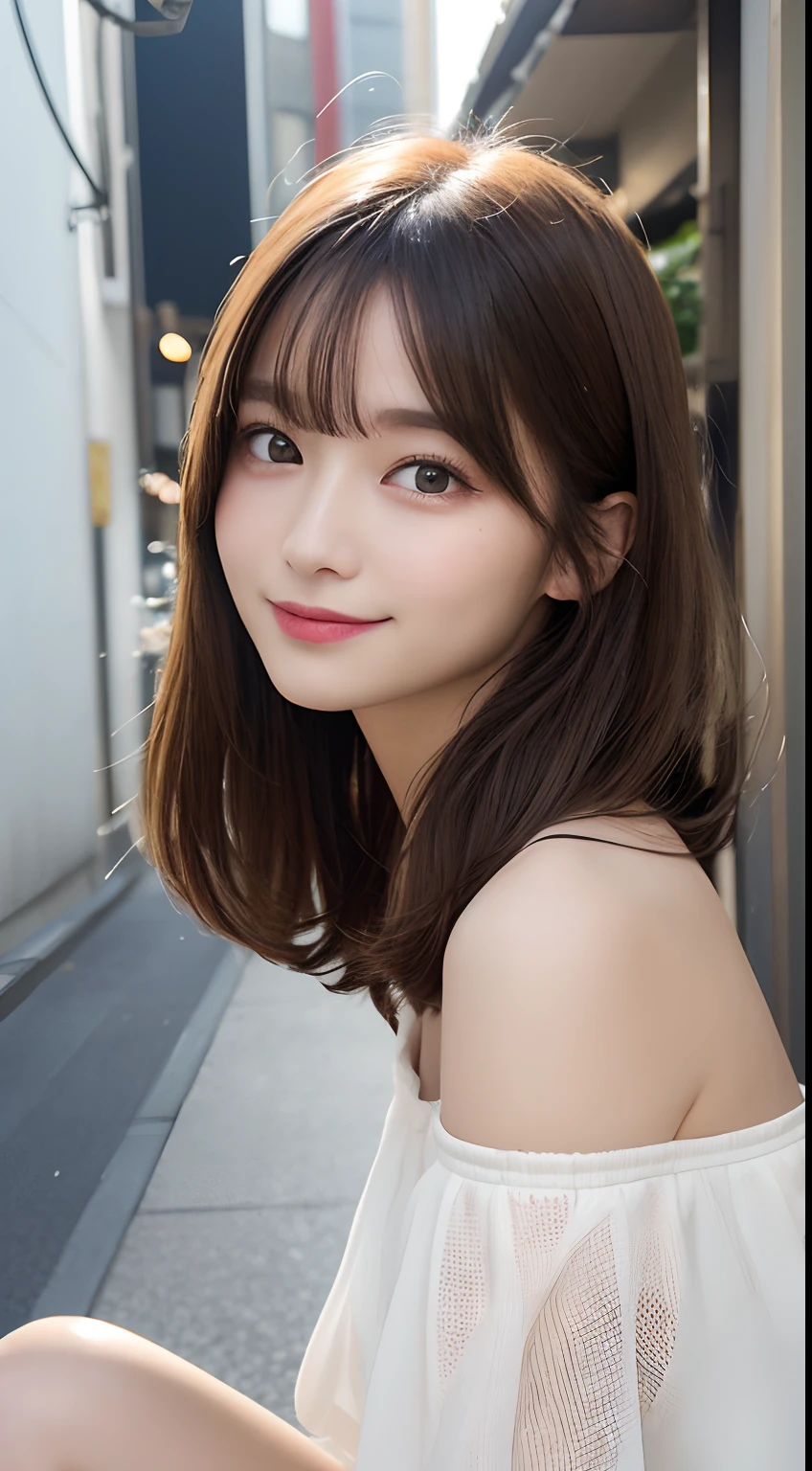 hight resolution, top-quality, Perfect dynamic composition, Beautiful detailed eyes, off shoulders、Radiant hair、Medium Hair, Natural Color Lip, college aged、Harajuku、A slight smil、Crouched figure、M-shaped legs