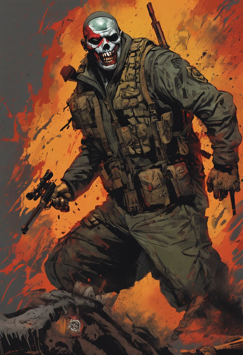 On the battlefield of the smoke of guns，Um Policial com o rosto de caveira sinistra, com um sorriso torcido，With two daggers in his hands，Estilo ninja, Com um rifre de assalt fusil nas costas, Stepping on a psychopathic clown, Several dead clowns on the ground, Ataque nas sombras，Assassinos，ASSASSINATO，arte de splash do personagem，A arte do ASSASSINATO，Credo dos Assassinos. Make sure there is no noise and that the lines are thick and sharp like contour art, (((pose interagindo e se apoiando [em uma objeto|em algo no ambiente]))), foco em um quadro vertical da imagem."((corpo inteiro):1.5). 16k, UHD, best possible quality, ((best possible detail):1), best possible resolution, Motor Unreal 5, fotografia profissional, ((Batman)), perfeito_Hands, (perfeito:1.2)