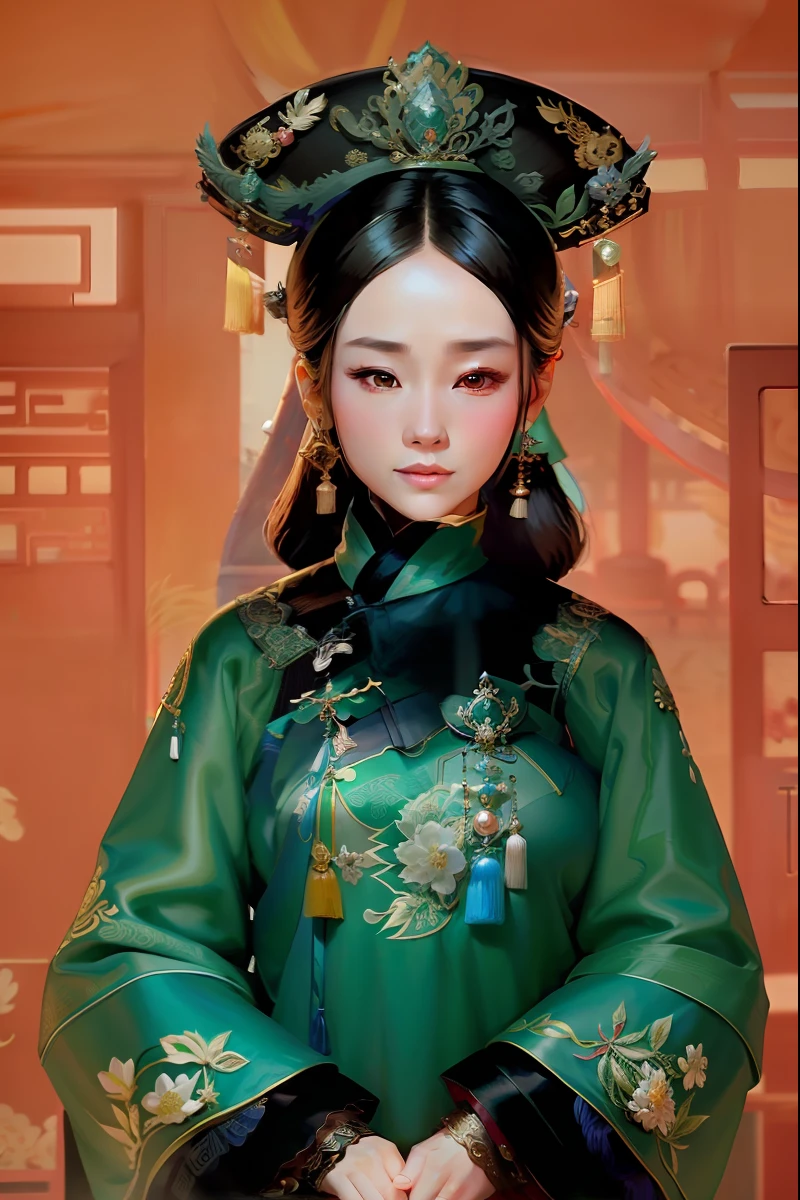 a woman in a green dress holding a fan, palace ， a girl in hanfu, chinese costume, traditional chinese clothing, chinese empress, ancient asian dynasty princess, beautiful render of tang dynasty, chinese dress, ancient chinese princess, by Lü Ji, wearing long royal robe, hanfu, with acient chinese clothes, wearing ancient chinese clothes