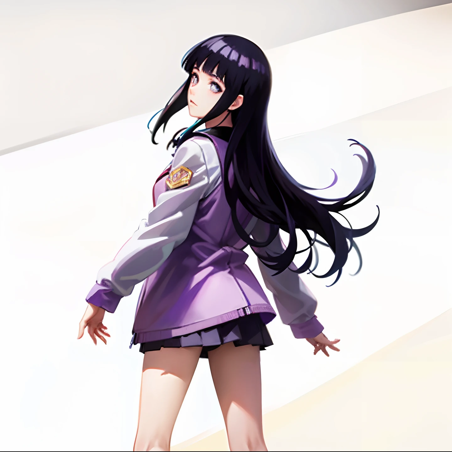 a close up of a person in a purple jacket and white skirt, hinata hyuga, hinata hyuga from naruto, from behind, look back