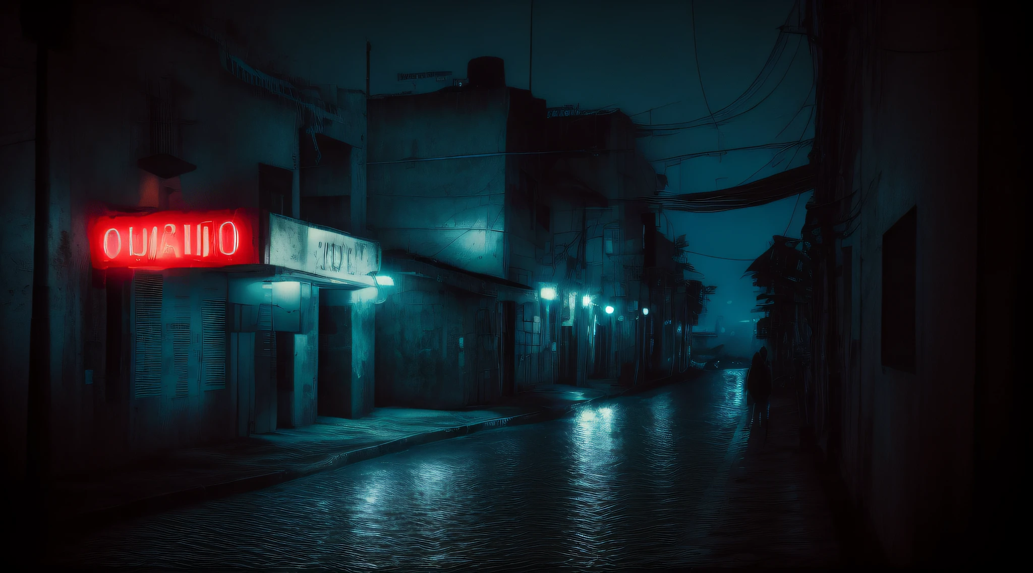 Uma rua da cidade a noite com poucas luses, poucos neons, melancholic atmosphere of memories, vazio, Sad memories, nostalgia, saudades de pessoas, a figure that seems to be a reminder of someone important who no longer exists, feeling of abandonment
