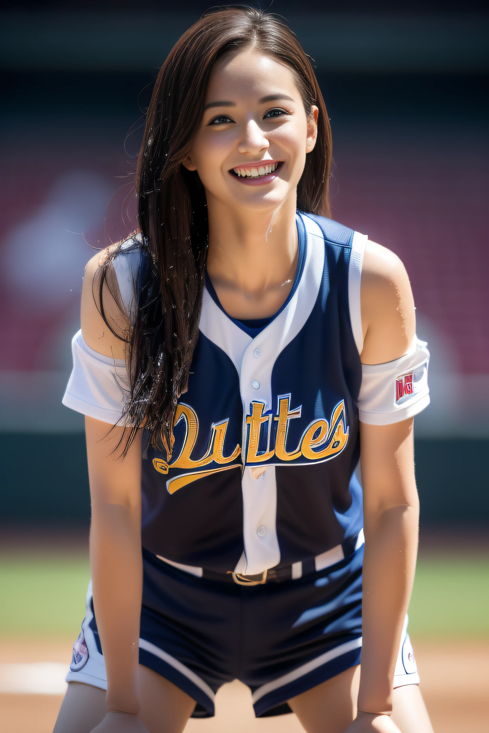 masutepiece, Best Quality, Illustration, Ultra-detailed, finely detail, hight resolution, 8K Wallpapers, Perfect dynamic composition, Beautiful detailed eyes, Medium Hair, Colossal tits:1.2, Natural Color Lip,  Smile, sport uniform, short length of tank top, athletic field, Athletics track, shortpants, Tight abs:1.1, blurry backround, big breasts thin waist, stretch, Preparatory exercise