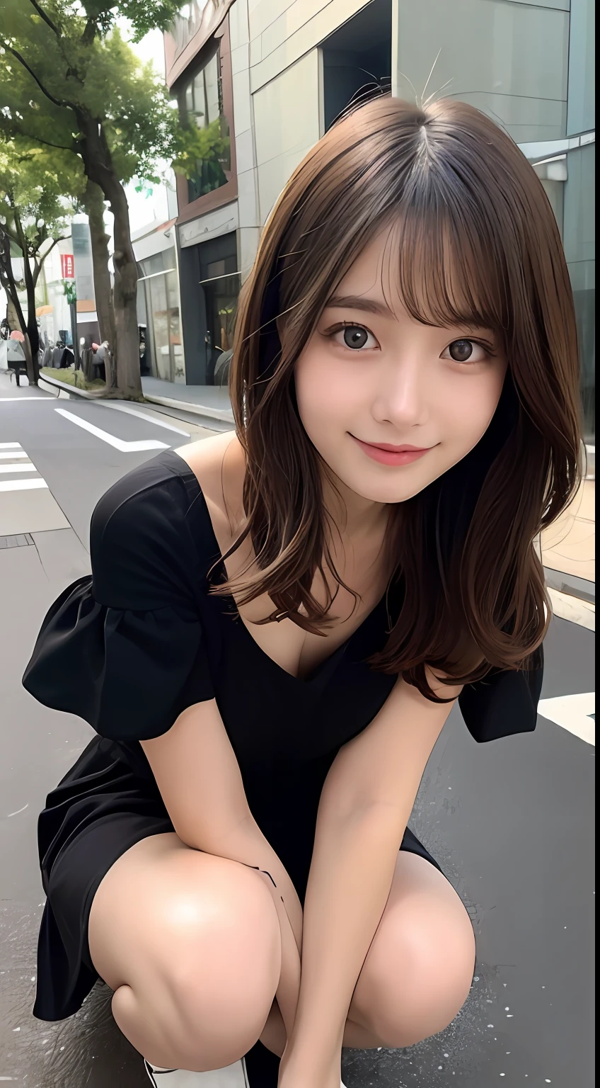 hight resolution, top-quality, Perfect dynamic composition, Beautiful detailed eyes, off shoulders、Radiant hair、Medium Hair, Natural Color Lip, college aged、Harajuku、A slight smil、Crouched figure、M-shaped legs
