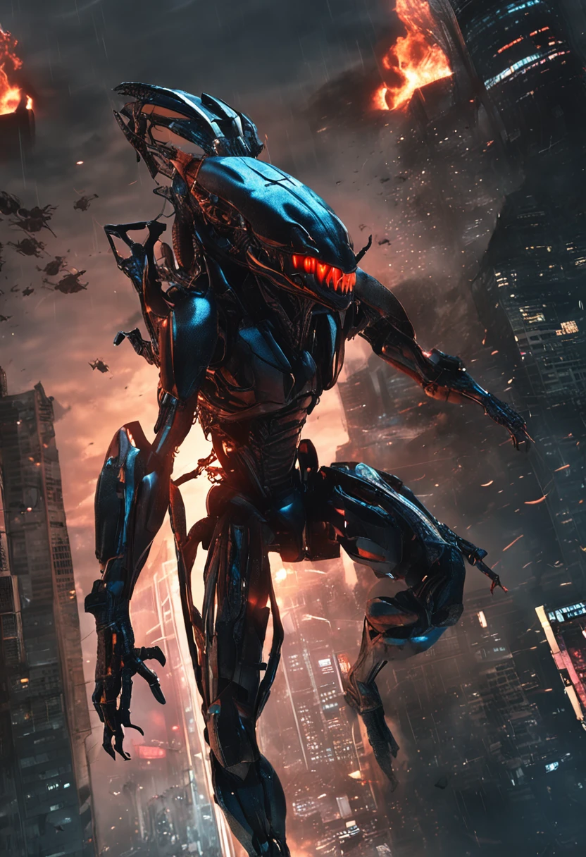 Cinematic image effects，Invading aliens，Invasive crayfish，Huge pliers，uncanny，blood vess，，Murderous，Full body like，combats，The city was destroyed，blasts，fire glow，废墟，of a real，Facial features are carefully depicted，Realistic skin texture，Dark style，depth of fields，high light，Real light，Ray traching，oc rendered，Hyper-realistic，best qualtiy，8K，Works of masters，super-fine，Detailed pubic hair，Correct anatomy，sharp focus on eyes，Bokeh，Facial features are carefully depicted