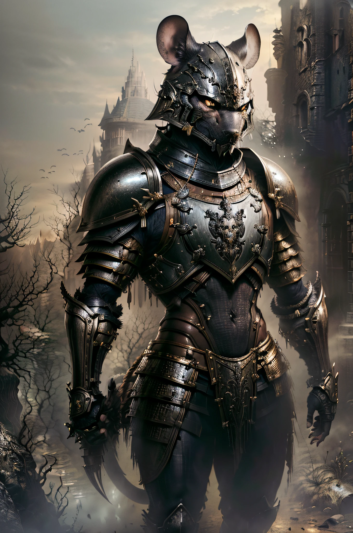Rat warrior in armor, Dark brown skin, Expose the mouse face, serious expressions,No mask, No helmet, Rough armor, mouse_belve, Wear mouse armor, heavy gold armour. Dramatic, Anthropomorphic mouse, awesome armor, intricate armor, Very strong clothing armor, Rat warriors, Detailed fantasy armor, Fantasy armor, Black gold armor, Golden armor