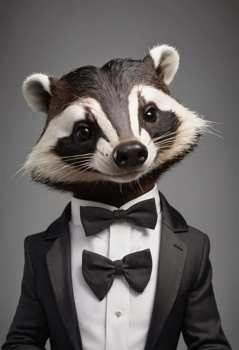There's a cartoon badger with a bow tie and a tuxedo, anthropomorphic badger, inspirado por Joseph Badger, texugo texugo, texugo, texugo peludo, smoking, anthropomorphic racoon, um guaxinim vestindo roupas formais, bonito weasel fursona retrato, anthropomorphic penguin, peludo mawshot, estilo loony toons, an anthropomorphic gangster rat, terno roxo e amarelo