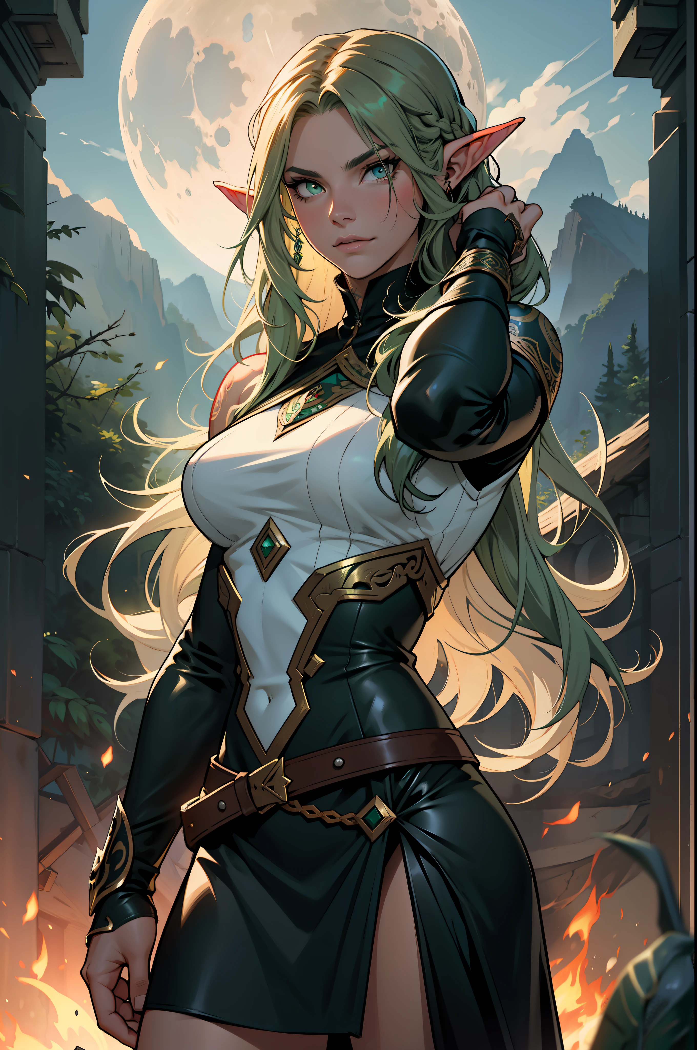 A gorgeous warrior woman of age30, full body shot, (from behind:1.4), skimpy armor, sword, toned abs, tanned skin, battle wounds with some blood, standing in flowery meadows, serene. Not overly muscular. Anime or Semi-Realistic style