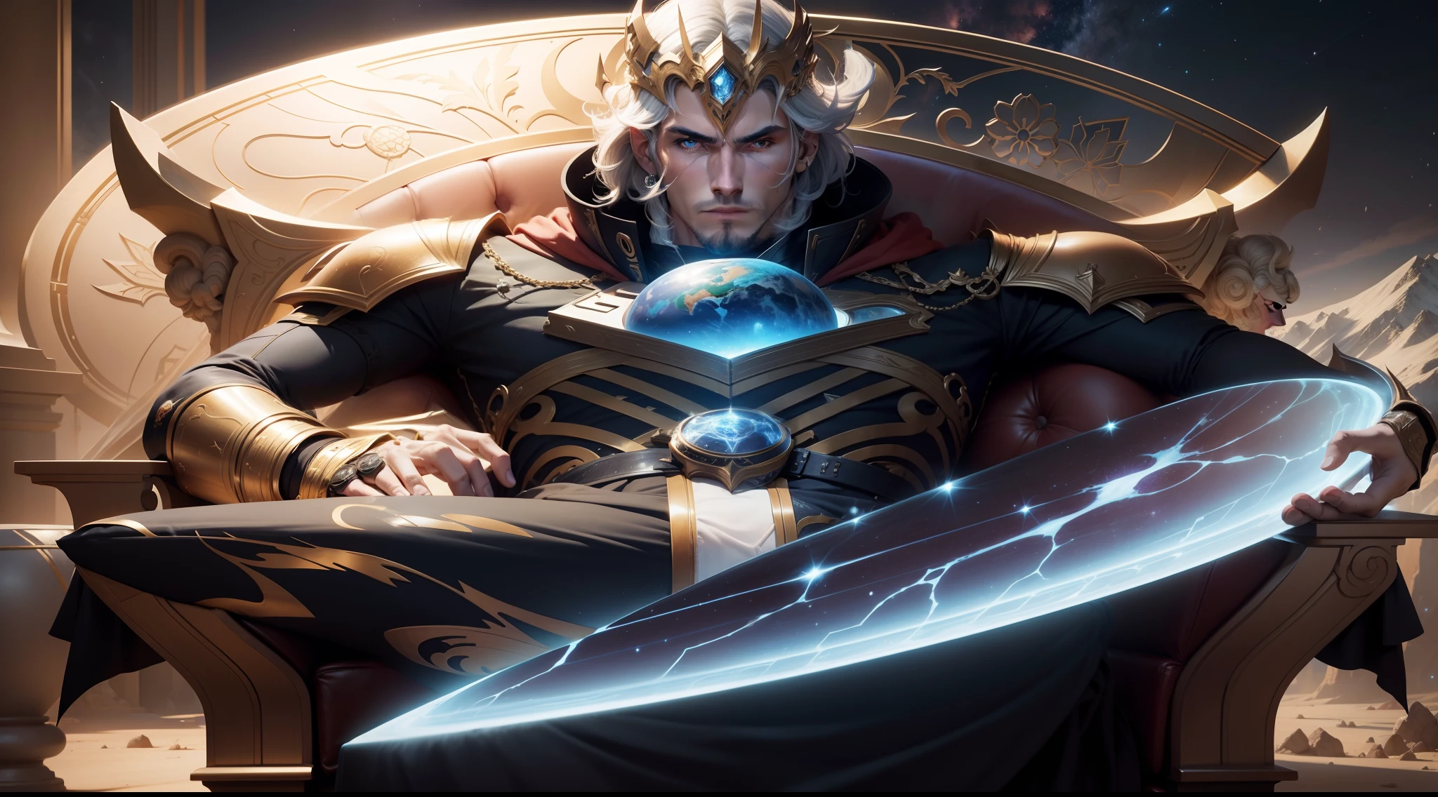 Titan Kronos on his throne holds an orb that contains time, epic scenery, tempo fluindo pelo universo, estilo arcano, Liga das Lendas, Estilo rsrs, estilo semi-realista, animification, poder, forte, detalhado, 8k, Time Titan, universo, azul, luzes, estrelas, Planetas, rosto masculino, adulto, Cabelo branco.