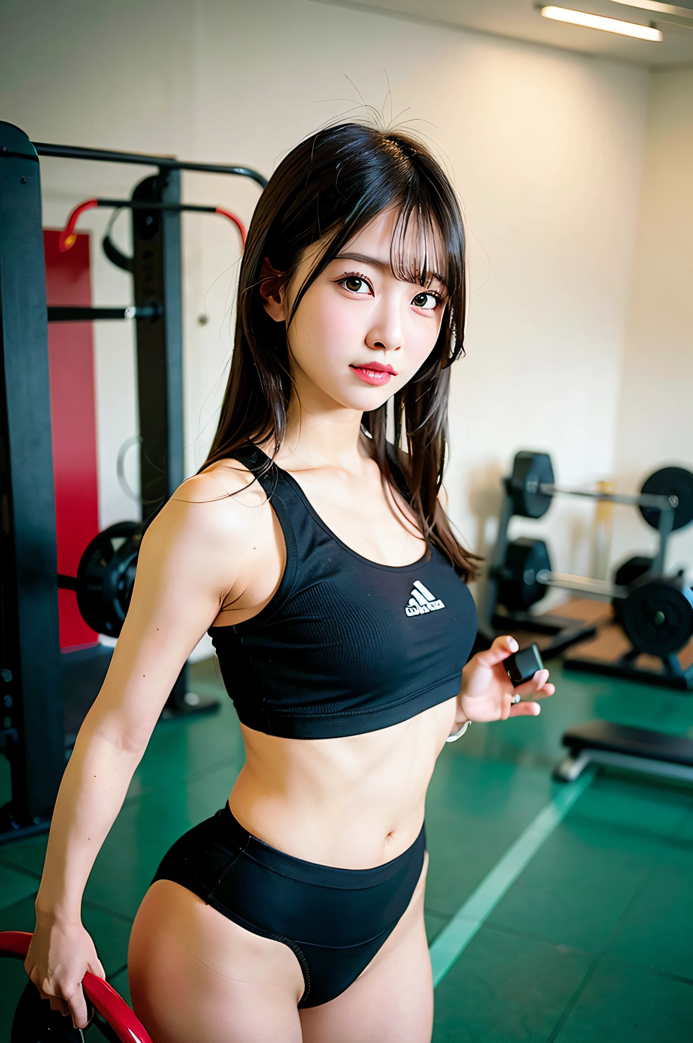 Yui Aragaki、Fitness Girls、cute little、realisitic, 8K, 1girl in, Mole under the eyes, (Toned abs)、Beautuful Women、Colossal tits:1.3、bich、life-like、8K、Wearing fitness wear、(perspired)、((Woman exercising in gym))、((Wet hair))、(Erotic face)、toned thighs、hyperdetailed face、Detailed lips、A detailed eye、Black hair、(toned big buttocks)、Train、Black straight hair、Nogizaka's、Stretching exercises
