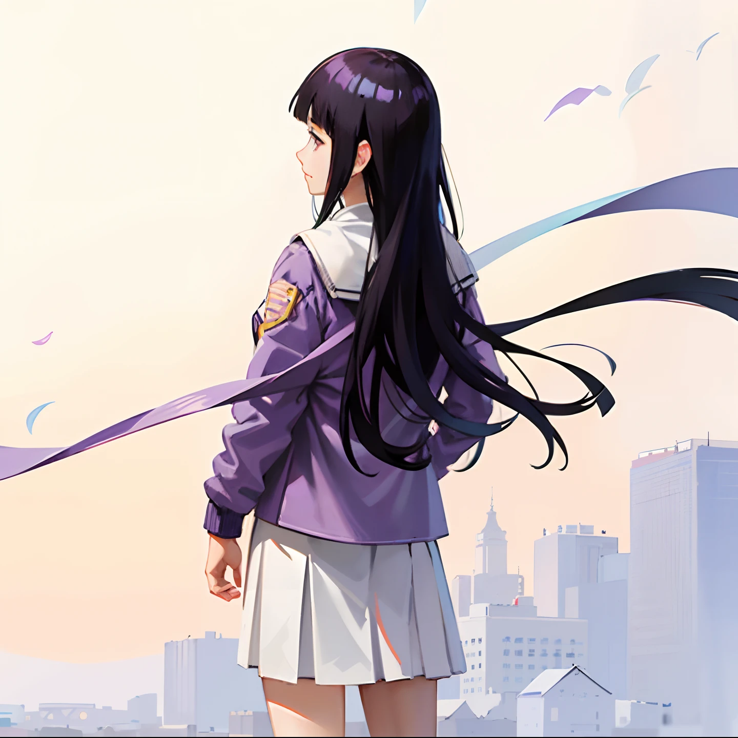 a close up of a person in a purple jacket and long white skirt, hinata hyuga, hinata hyuga from naruto, from behind, look back