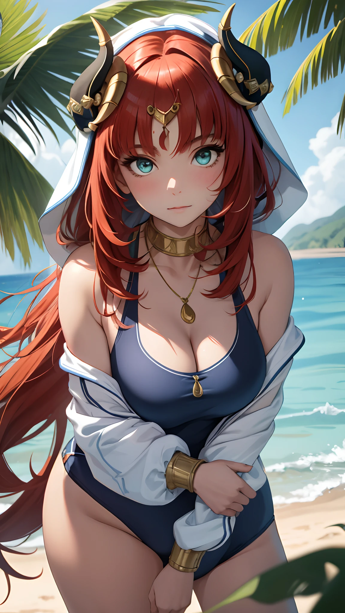 "tmasterpiece,Close-up shot,sportrait,Best Picture Quality,solo person,Off-the-shoulder clothing,Large breasts,cleavage,the original god,Nilu,swimming uniform,beachside,Greenery,upperbody closeup