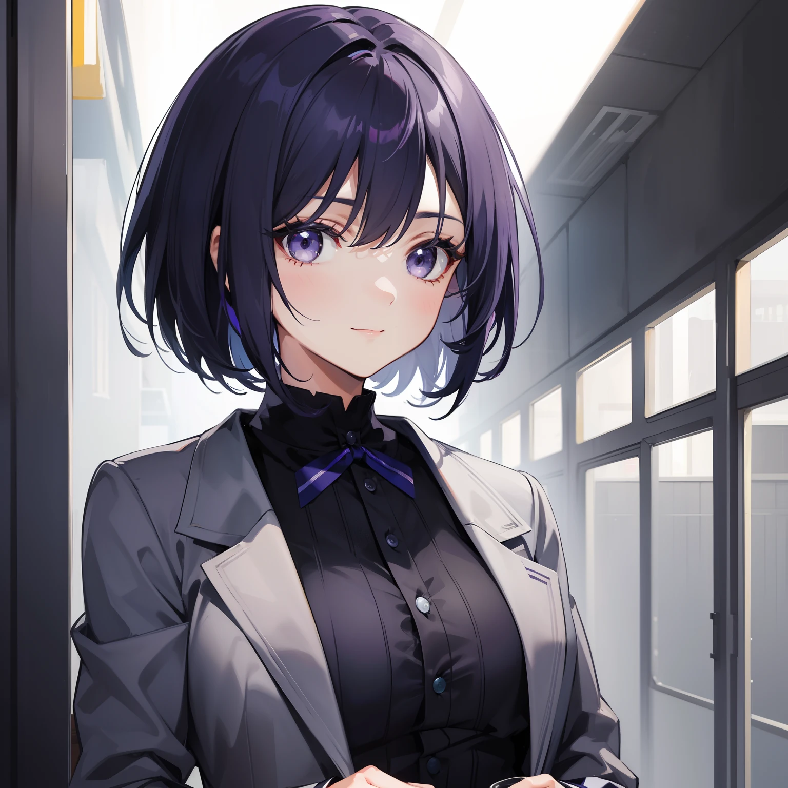 Woman, short dark blue-purple hair with gray strands, bob hairstyle, gray eyes, French royal strict suit, calm look and calm smile, many details