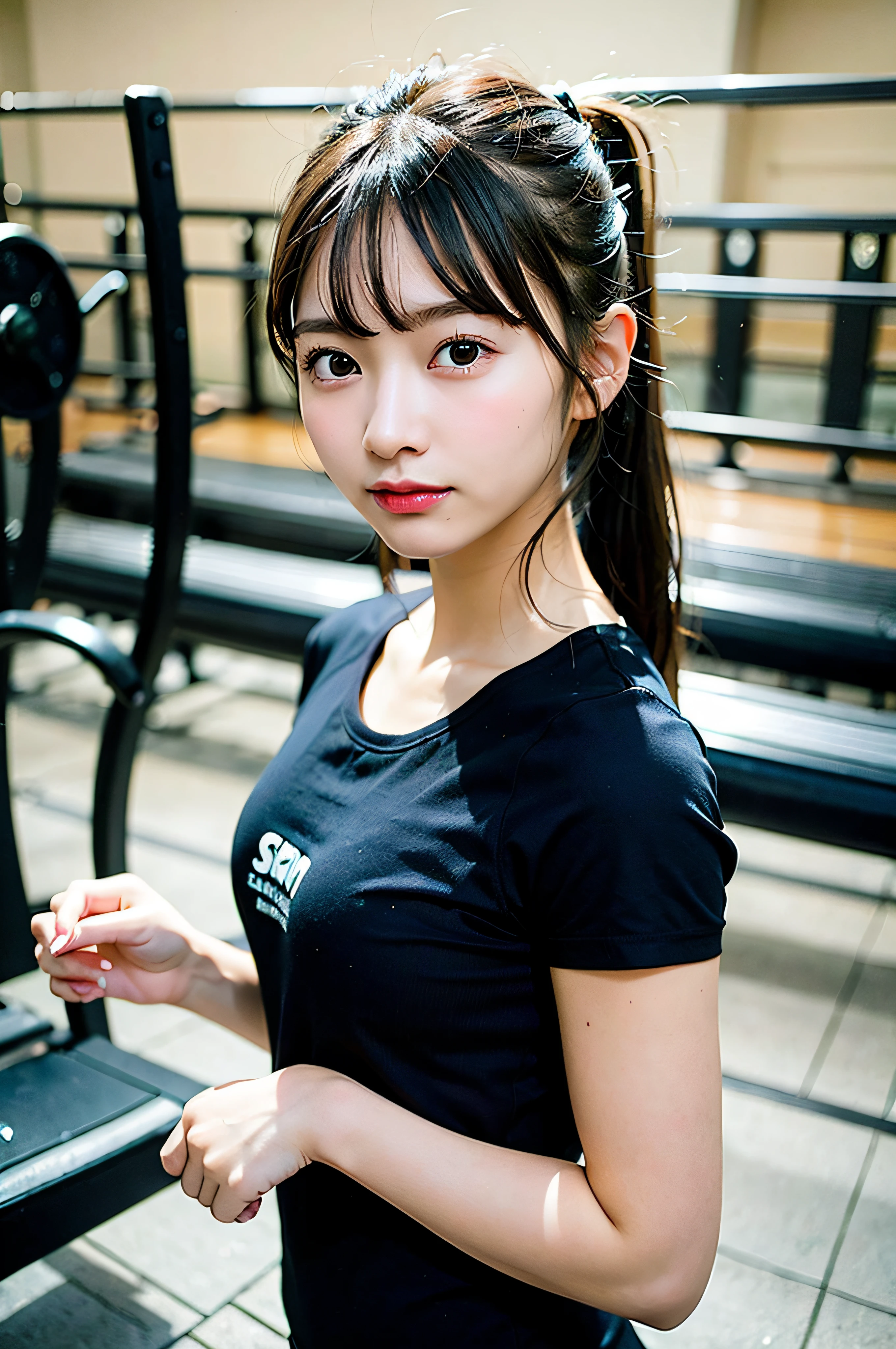 High-quality 4K、realistic depiction、professional lighting、-yeld hischool student、bl skin、medium hair、natural makeup、black hair、droopy eyes、Linear eyebrows、upward glance、medium meat、Wearing high school gym clothes、smile、Shooting in the gymnasium