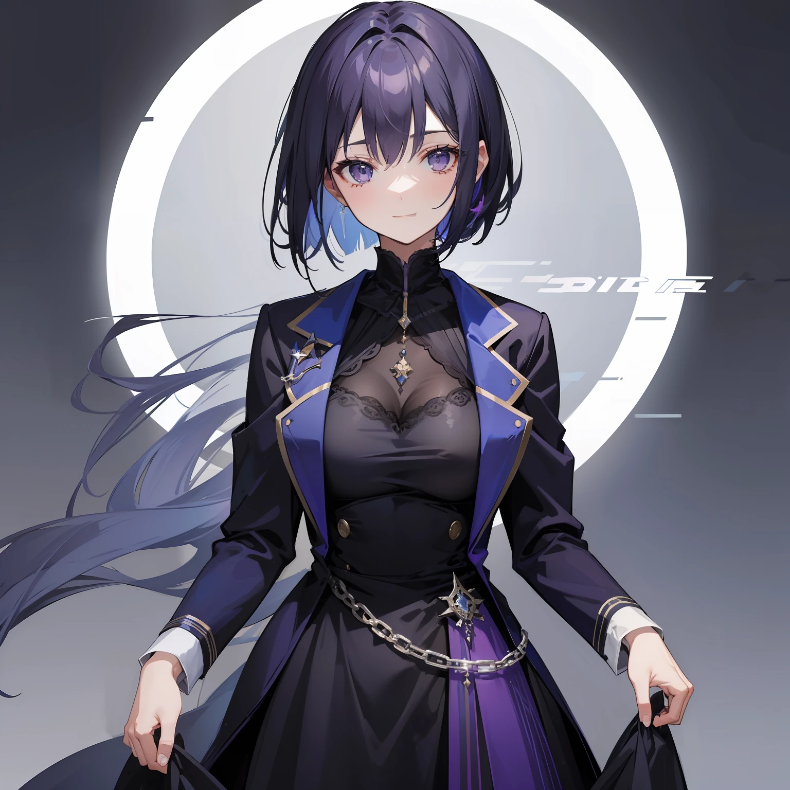 Woman, short dark blue-purple hair with gray strands, bob hairstyle, gray eyes, French royal strict suit, calm look and calm smile, many details