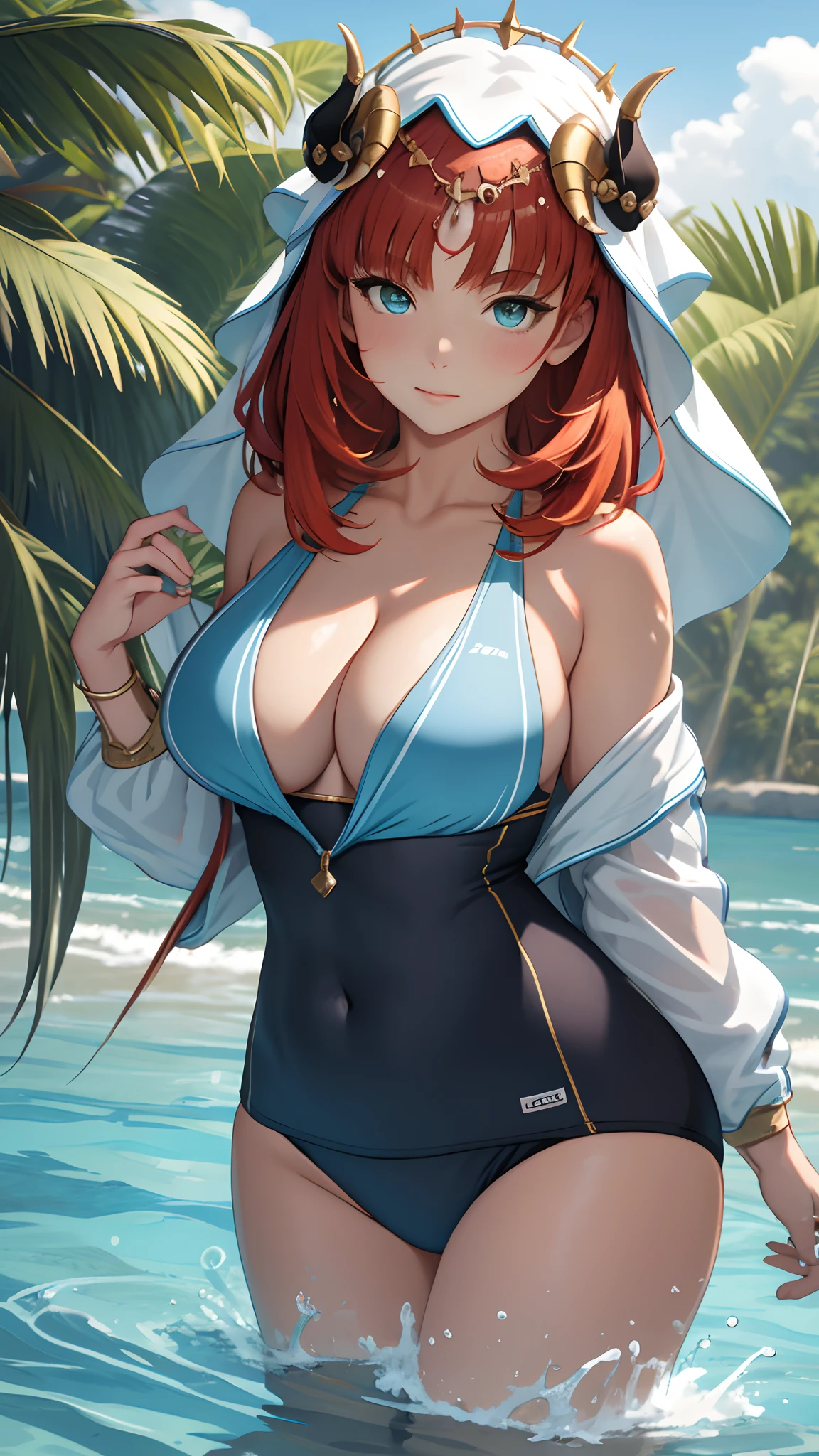 "tmasterpiece,Close-up shot,sportrait,Best Picture Quality,solo person,Off-the-shoulder clothing,Large breasts,cleavage,the original god,Nilu,swimming uniform,beachside,Greenery