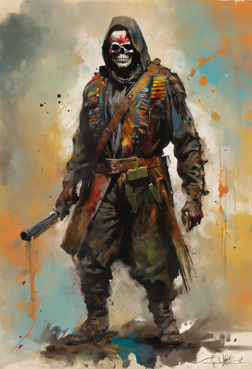 On the battlefield of the smoke of guns，Um General com o rosto de caveira sinistra, com um sorriso torcido，With two daggers in his hands，Estilo ninja, Com um rifre de assalt fusil nas costas, Stepping on a psychopathic clown, Several dead clowns on the ground, Ataque nas sombras，Assassinos，ASSASSINATO，arte de splash do personagem，A arte do assassinato，Credo dos Assassinos. Make sure there is no noise and that the lines are thick and sharp like contour art, (((pose interagindo e se apoiando [em uma objeto|em algo no ambiente]))), foco em um quadro vertical da imagem."((corpo inteiro):1.5). 16k, UHD, best possible quality, ((best possible detail):1), best possible resolution, Motor Unreal 5, fotografia profissional, ((Batman)), perfeito_Hands, (perfeito:1.2)