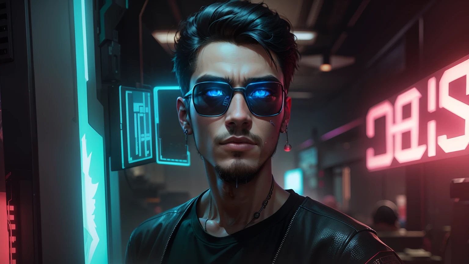 A man in sunglasses standing in front of a neon sign - SeaArt AI