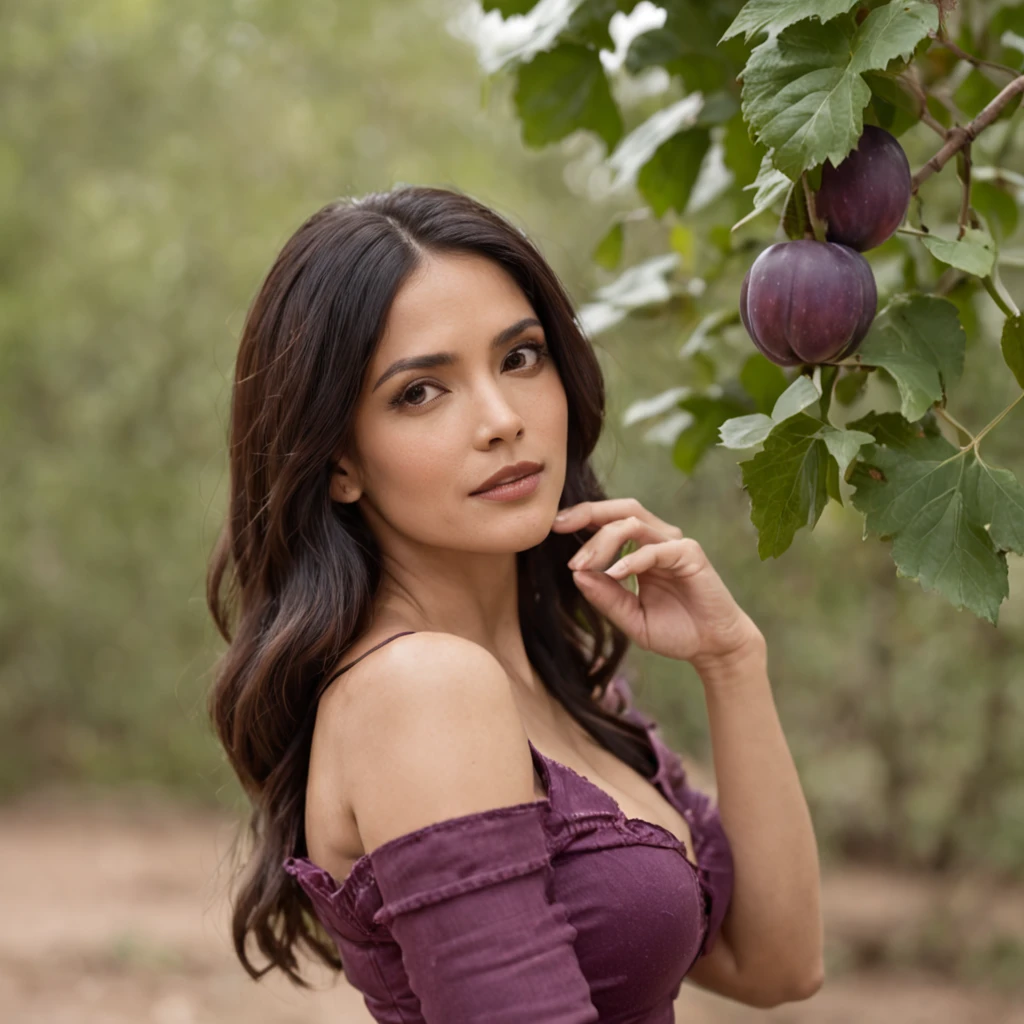 Salma Hayek, Purple bikini, smiles slyly, in a wonderful forest, Large plums grow on the tree,  fantasy, fantasy style, good tits, Hot Pose, Hot photo, leans forward, Hands Behind Your Back, magic world, Very realistic, candid photo, Disney style