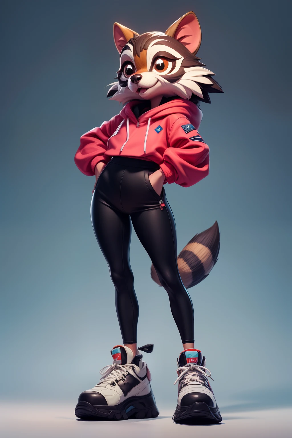 without people, masterpiece, anthropomorphic cute raccoon, wearing hudie, sport skirt, leggings, sneakers, ultra quality