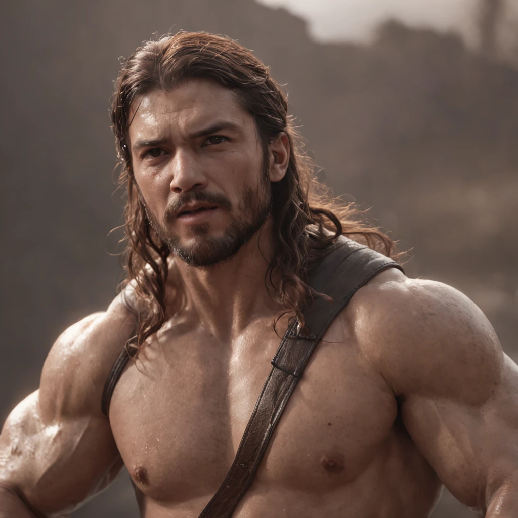 (Professional 3D rendering:1.3) de (Realistic:1.3) Foto de arte mais bonita do mundo,Features soft, bright male heroes, ((Epic hero fantasy rough muscular man wet hero angry look long hair short beard and fierce expression in dynamic pose, fantastic location, majestoso ambiente desordenado)), corpo inteiro 8k unidade render, action shot, poros da pele, very dark lighting, sombreamento pesado, circunstanciado, Rosto detalhado, (vibrante, fotogrdeia realista, Realistic, Dramatic, Escuro, foco nítido, 8k), (Old leather clothes damaged by bad weather:1.4), ((((Use peles)))), (intrincado:1.4), decadente, (altamente detalhado:1.4), pintura digital, rendering by octane, art stations, Conceito-Arte, liso, foco nítido, illustration, germe da arte, (Loish:0.23), Wlop Ilya Kuvshinov, e Greg Rutkowski e Alphonse Mucha Gracias, (global ilumination, studiolight, Light Volumetric), chuva forte, floating particles, patife, fantasia, Onze, corpo inteiroesbian, ((Fundo escuro e antigo da cidade:1.3)),CGSesociedade,art stations, OUVINDO MUSICA