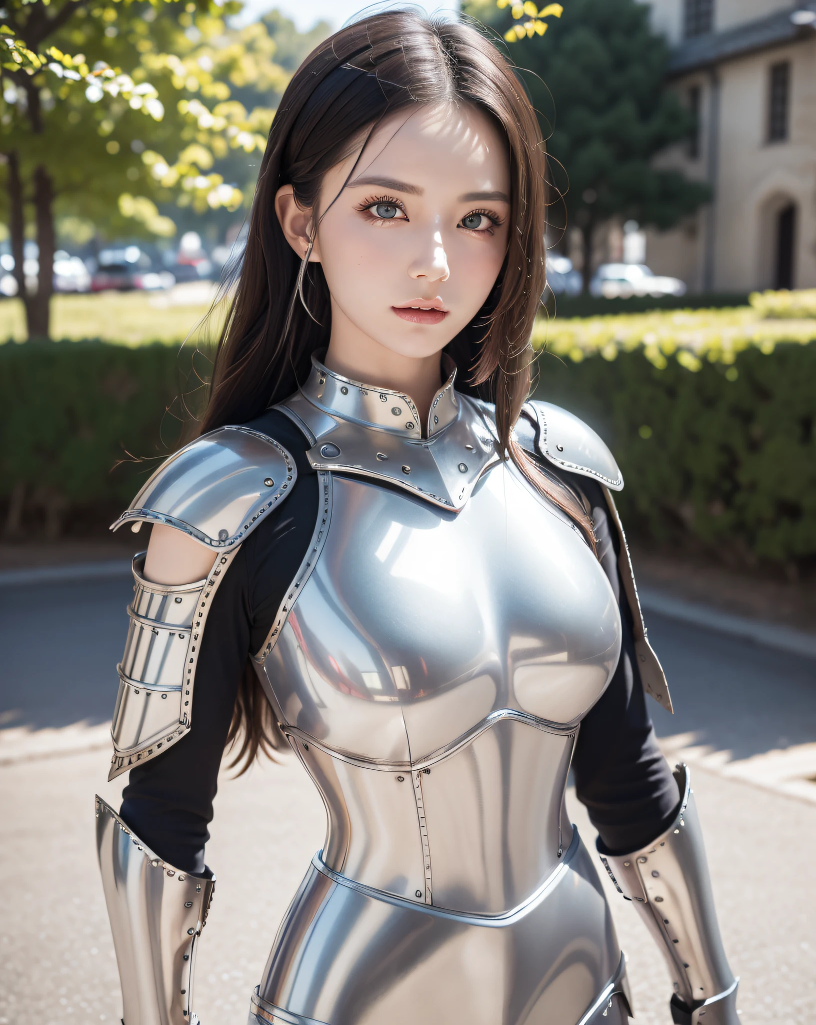 (((Colossal tits:0.9、Beautiful nipples、large areola:1.2)),(Shiny skin、Oiled skin, glistning skin、high gloss skin,、eye liner、Eye lashes)、(masutepiece, Best Quality),(very intricate:1.3), (Realistic), 1girl in, A MILF, Caucasian, Perfect eyes, Perfect iris, perfect pupils, Perfect lips,Perfect nose, Perfect hands, Highly detailed hands, Perfect fingers,((Brown hair、Wavy Hair、Longhaire、poneyTail)) , Small braid in her hair, (Medieval armor), metal reflective, (((Silver armor))), Medieval Europe、Old castle, (Ornately decorated armor), (Insanely detailed), Chainmail,, professional photograph of a stunning woman detailed, Sharp Focus, awardwinning, Cinematic lighting, Blurry background, Upper body, ((which are full of confidence)), (Looking at the camera),mechs,femele、Idol、22year old,(Cool beauties),(Cool beauties、a smile)、Hair that flutters in the wind、Wet、Hands on the chest