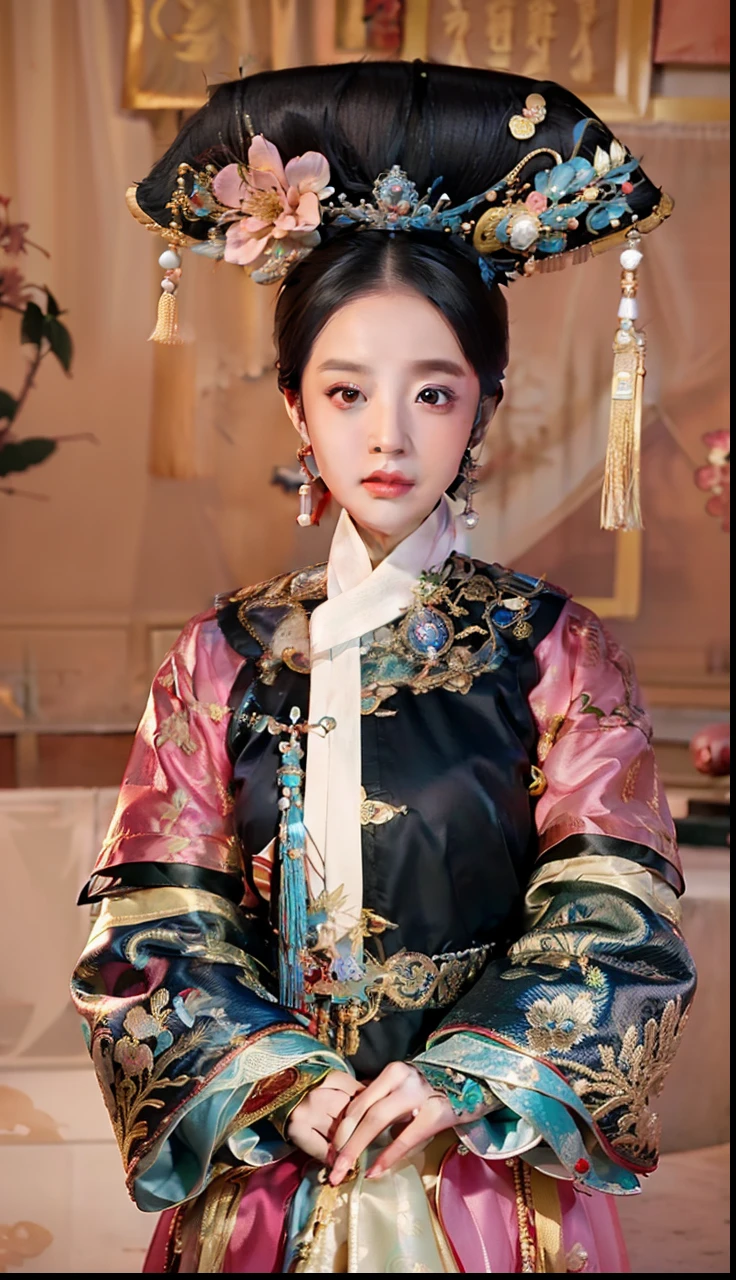 a woman in a traditional chinese dress, palace , a girl in hanfu, traditional chinese clothing, chinese costume, chinese dress, wearing ancient chinese clothes, by Lü Ji, hanfu, chinese empress, ancient asian dynasty princess, with acient chinese clothes, wearing long royal robe, beautiful render of tang dynasty, brocade robes, ancient chinese princess, korean hanbok