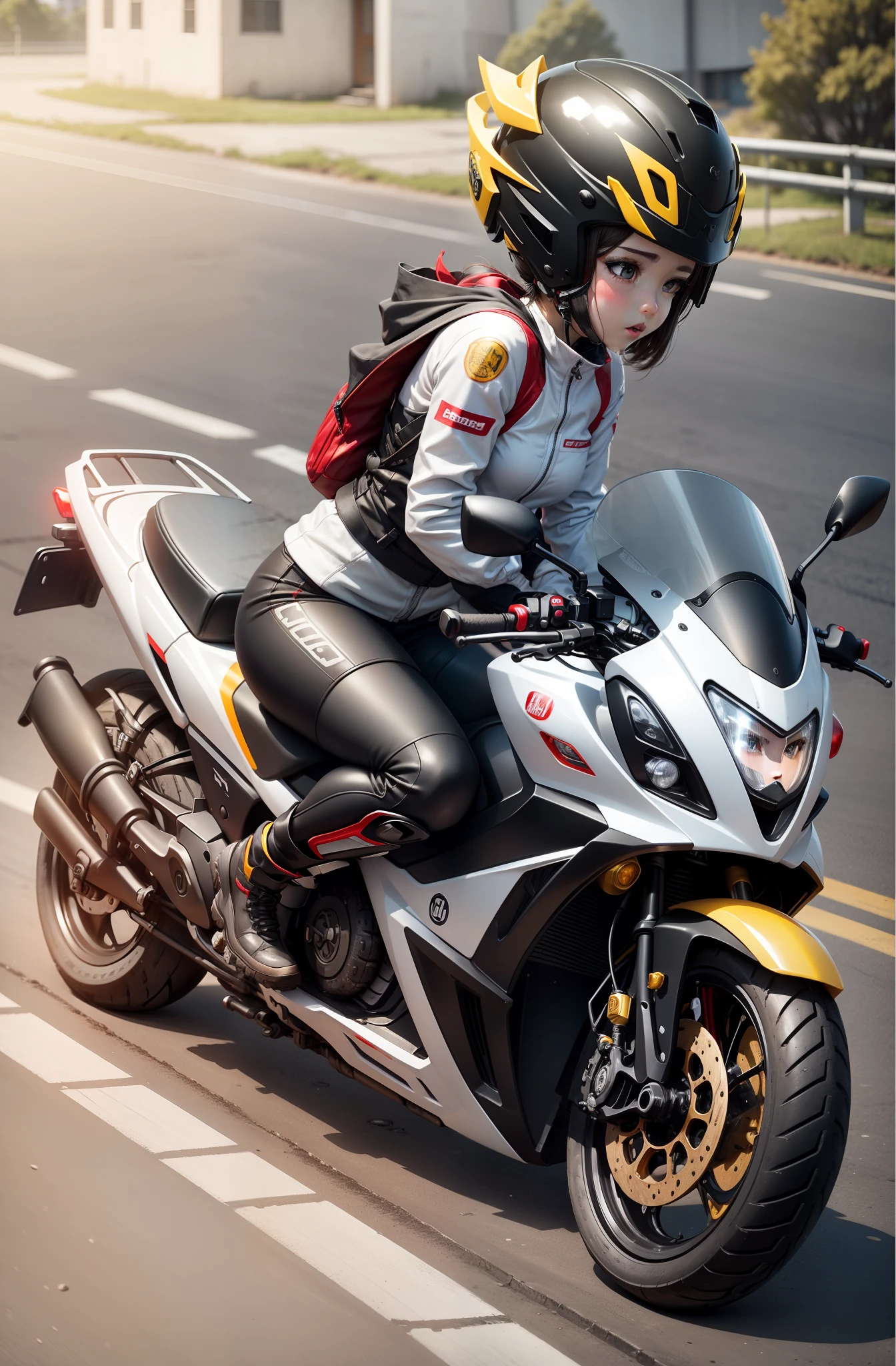 Tires as block tires、 Girl straddling scooter with off-road undercarriage、 Red and black scooter、 Girl in racing suit、Helmet in white and gray and gold colors、 HONDAADV150scooter、 Bike in red and black livery、Make girls' faces cute in detail