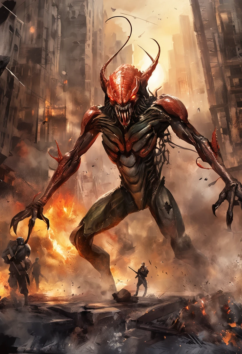 Cinematic image effects,Invading aliens,Invasive crayfish,Huge pliers,uncanny,blood vess,,Murderous,Full body like,combats,The city was destroyed,blasts,fire glow,废墟,of a real,Facial features are carefully depicted,Realistic skin texture,Dark style,depth of fields,high light,Real light,Ray traching,oc rendered,Hyper-realistic,best qualtiy,8K,Works of masters,super-fine,Detailed pubic hair,Correct anatomy,sharp focus on eyes,Bokeh,Facial features are carefully depicted