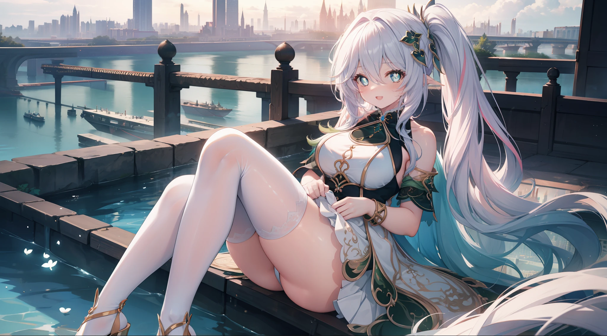 Gorgeous high heels,Under water,grabbing the breasts,Official fine art,tmasterpiece,Sharp focus,Long straight hair,Delicate and beautiful eyes and face,realisticlying,ultra - detailed,a beauty girl,blue-sky,Glowing white particles,(side-lighting:1.2),rays of sunshine,baiyun,Detailed clouds,Slender,Cute big breasts and big buttocks,Toothy laughter,((Laugh and open your eyes)),scenecy,Long straight hair, sexy facial expression, buliding, (Cityscape:1.7), Dynamic hair, Long straight hair, Delicate platinum-pink hair, glow blue eyes, (blue pleated shirt+white skirt), Long white socks, paleskin, hair adornments, epic landscapes,deep in the night,Masterpiece, Best quality,Bare shoulders, white thighhighs, Hair ribbon, Large breasts,