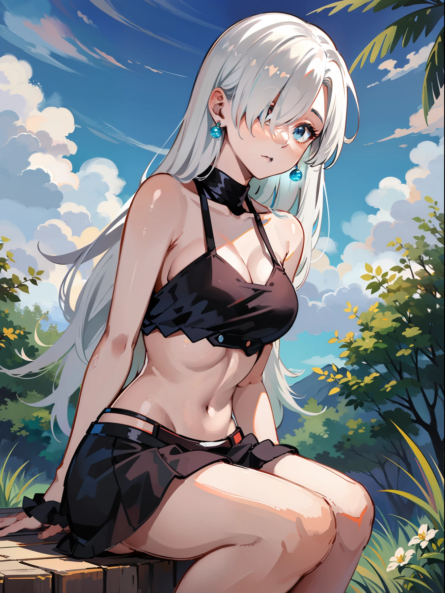 Khmeliza, 1girl in, Hair above one eye、White hair、Jewelry, single thighhigh, Midriff, Black skirt, Asymmetrical legwear、crouching down、Physical education sitting、The bikini、the beach、blue-sky、suns、​​clouds、Into the cloud